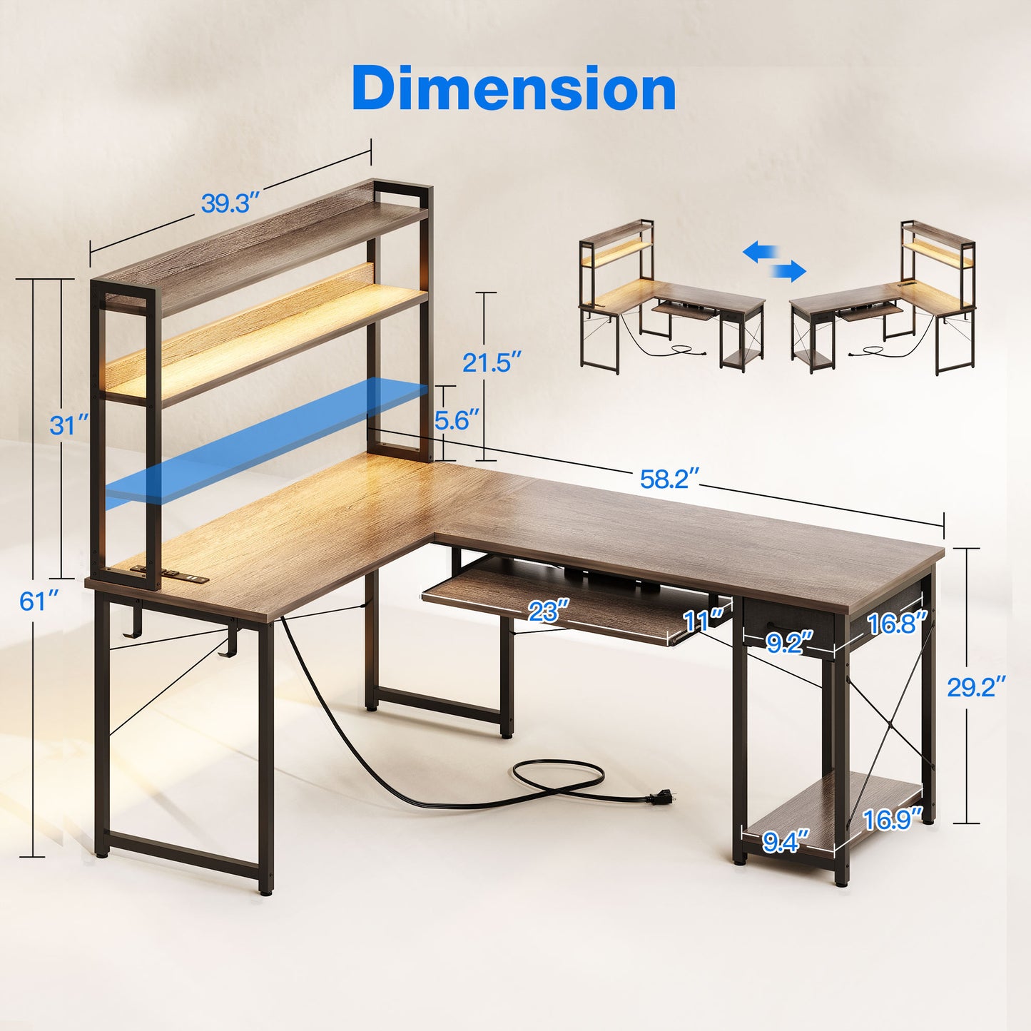 59" Reversible L-Shaped Gaming Desk with Power Outlets & LED Lights, Office Desk with Storage Drawer & Keyboard Tray for Home Office, Corner Computer Desk with Hutch, Grey Oak