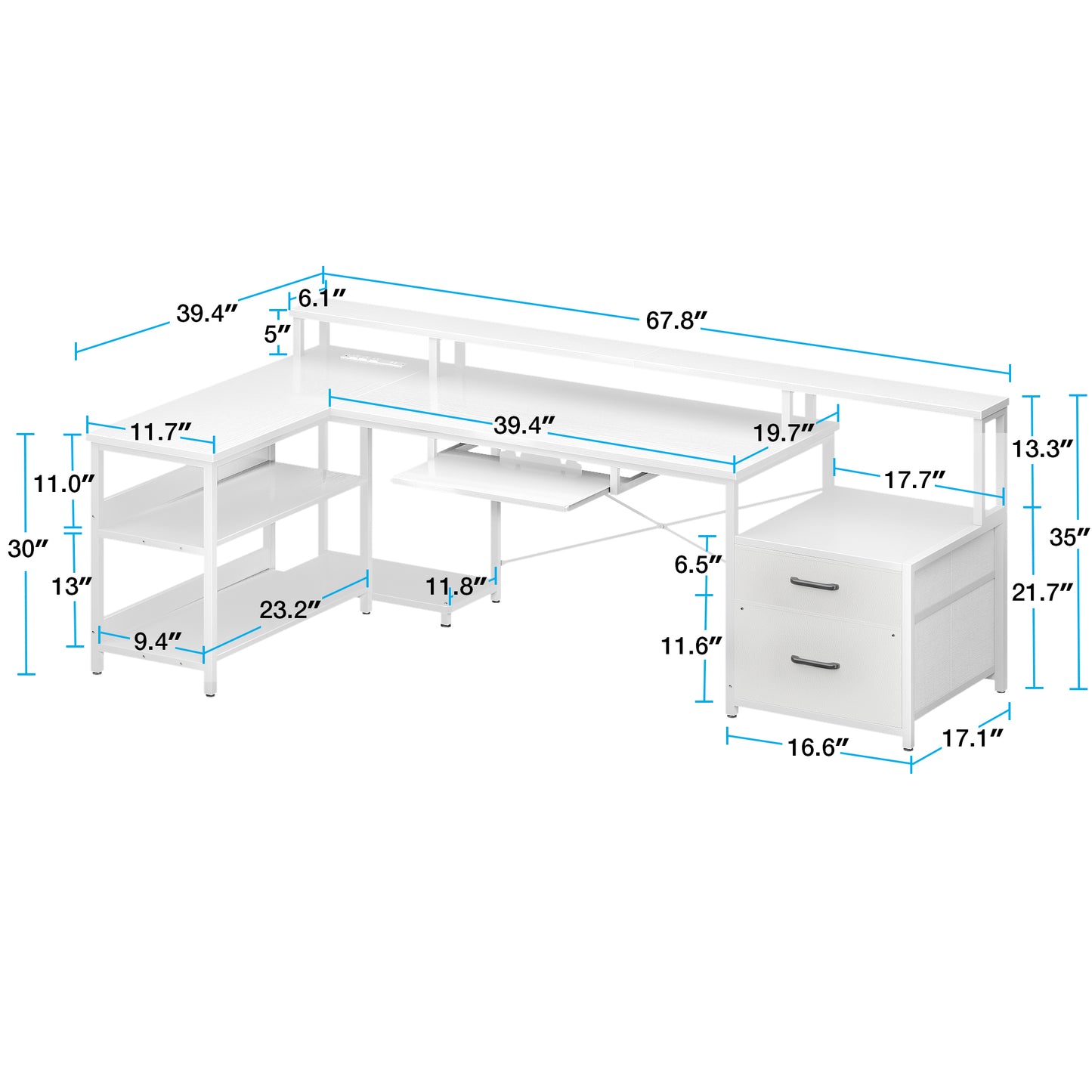 66" Reversible L Shaped Desk with File Drawer & Power Outlet, Modern Computer Desk with Keyboard Tray & LED Strip, Office Table with Storage Shelves, Gaming Desk with Monitor Shelf, White
