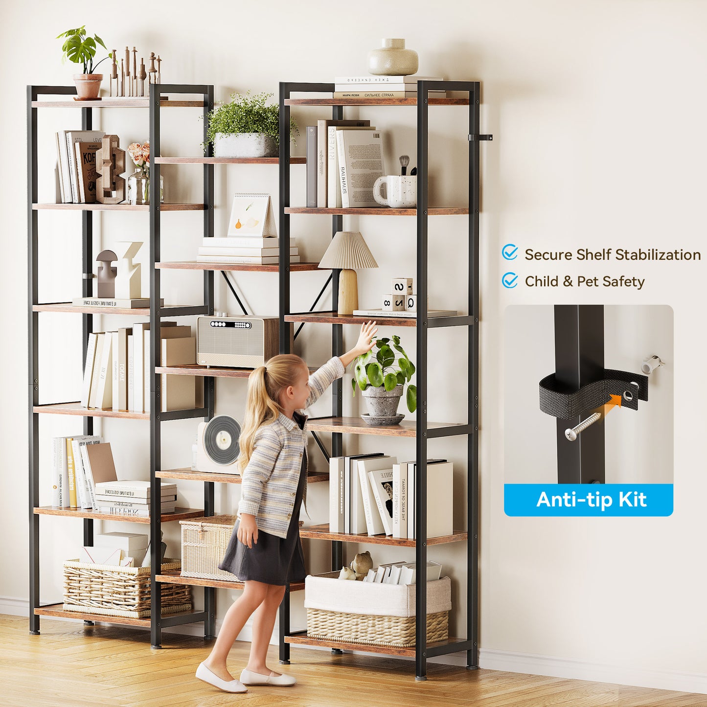Sofanext Triple Wide 6 Tier Bookshelf, Rustic Industrial Style Bookcases with 15 Open Display Shelves, Modern Tall Bookcase Furniture for Bedroom, Living Room and Home Office, Rustic Brown