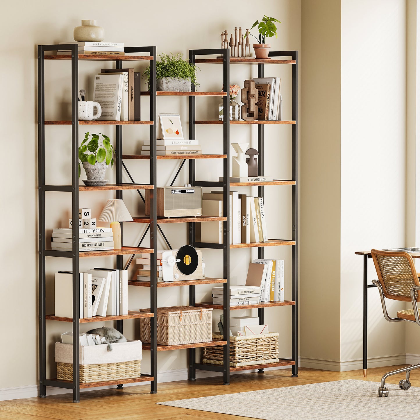 Sofanext Triple Wide 6 Tier Bookshelf, Rustic Industrial Style Bookcases with 15 Open Display Shelves, Modern Tall Bookcase Furniture for Bedroom, Living Room and Home Office, Rustic Brown