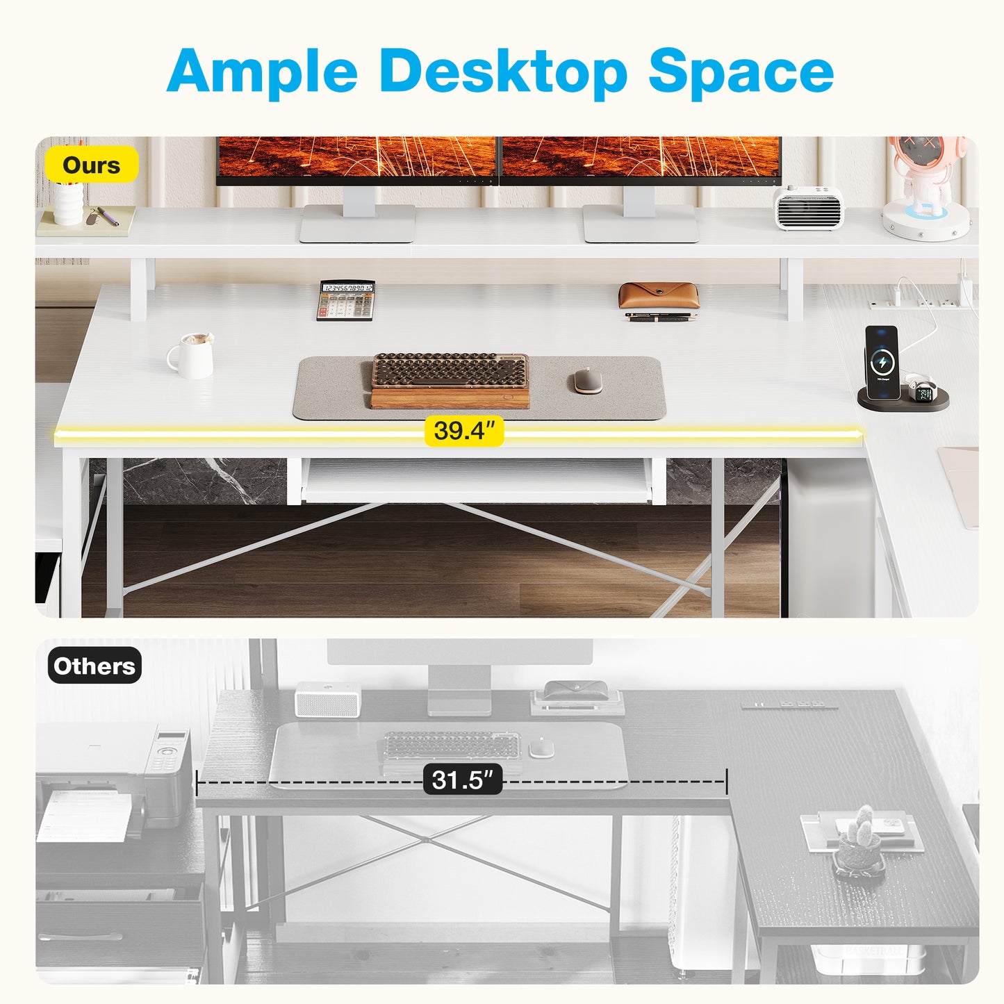 66" Reversible L Shaped Desk with File Drawer & Power Outlet, Modern Computer Desk with Keyboard Tray & LED Strip, Office Table with Storage Shelves, Gaming Desk with Monitor Shelf, White