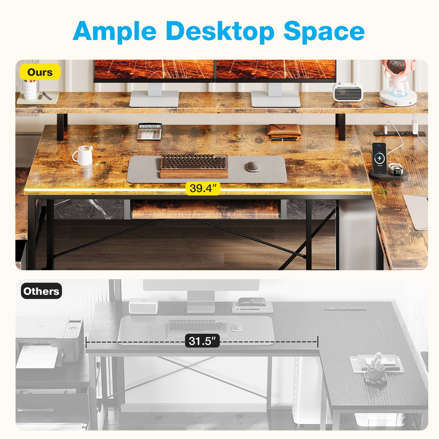 66" Reversible L Shaped Desk with File Drawer & Power Outlet, Modern Computer Desk with Keyboard Tray & LED Strip, Office Table with Storage Shelves, Gaming Desk with Monitor Shelf, Vintage