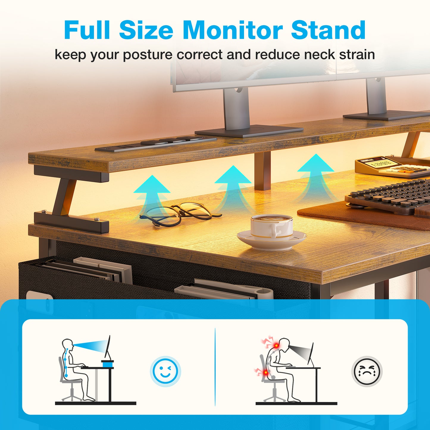 55 inch Computer Desk with Power Outlets & LED Lights, Home Office Desk with 3 Drawers & CPU Stand, Writing Desk with Monitor Shelf & Storage Bag, Vintage