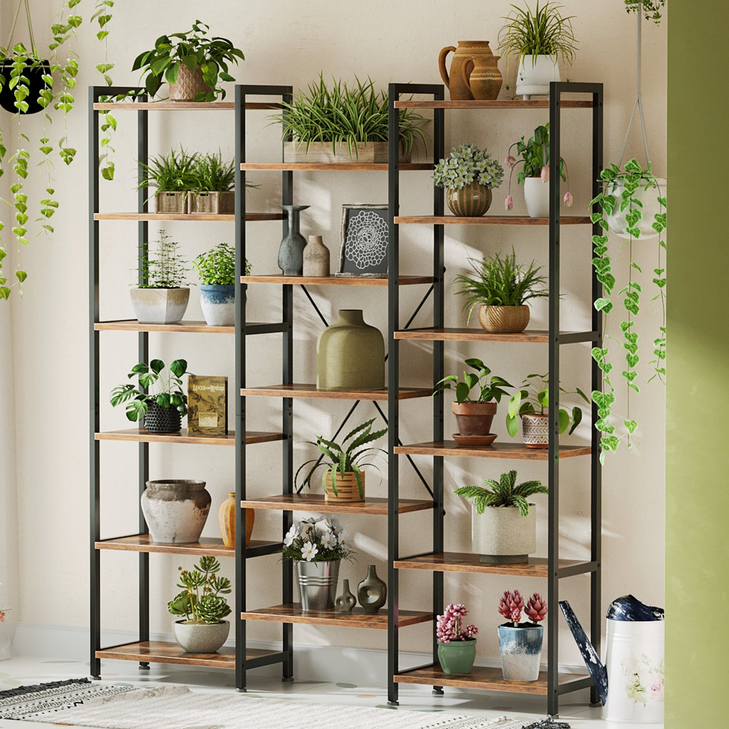 Sofanext Triple Wide 6 Tier Bookshelf, Rustic Industrial Style Bookcases with 15 Open Display Shelves, Modern Tall Bookcase Furniture for Bedroom, Living Room and Home Office, Rustic Brown
