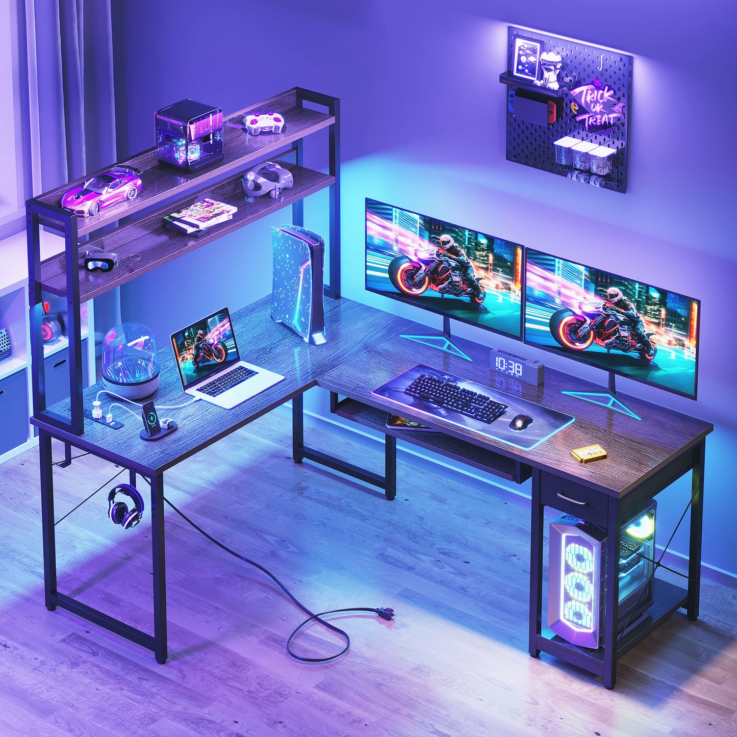 59" Reversible L-Shaped Gaming Desk with Power Outlets & LED Lights, Office Desk with Storage Drawer & Keyboard Tray for Home Office, Corner Computer Desk with Hutch, Grey Oak