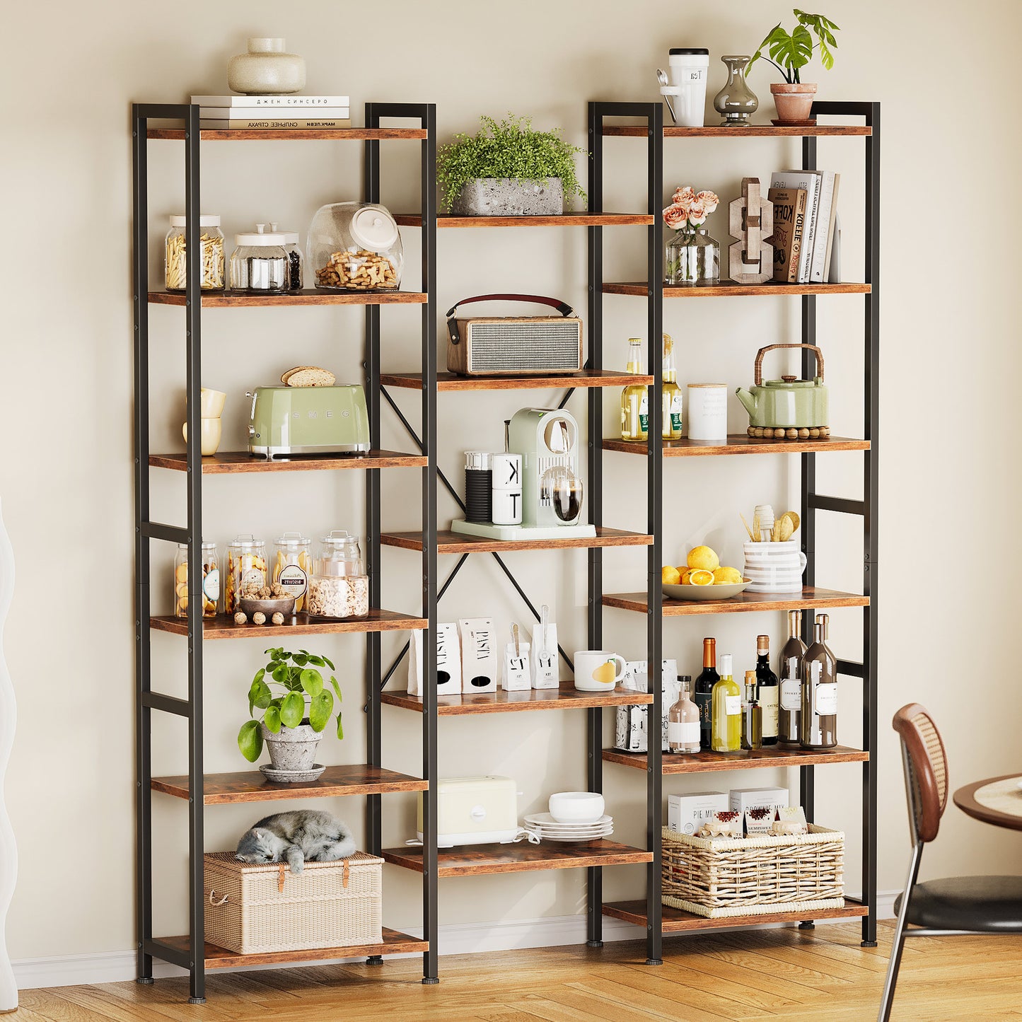 Sofanext Triple Wide 6 Tier Bookshelf, Rustic Industrial Style Bookcases with 15 Open Display Shelves, Modern Tall Bookcase Furniture for Bedroom, Living Room and Home Office, Rustic Brown