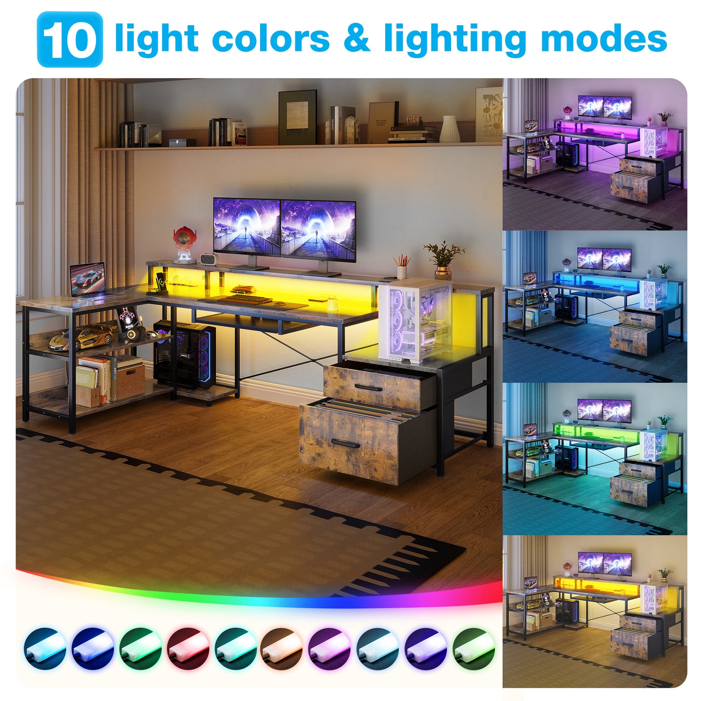 66" Reversible L Shaped Desk with File Drawer & Power Outlet, Modern Computer Desk with Keyboard Tray & LED Strip, Office Table with Storage Shelves, Gaming Desk with Monitor Shelf, Vintage