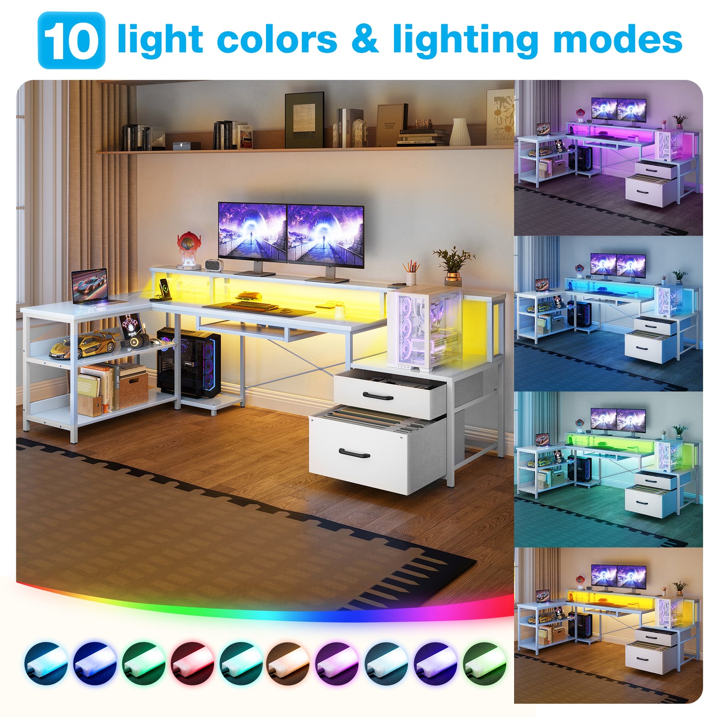 66" Reversible L Shaped Desk with File Drawer & Power Outlet, Modern Computer Desk with Keyboard Tray & LED Strip, Office Table with Storage Shelves, Gaming Desk with Monitor Shelf, White