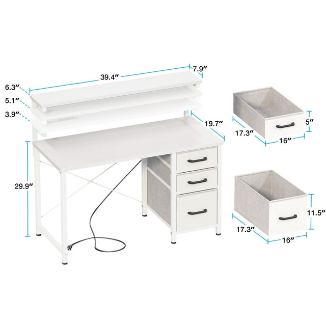 40 inch Computer Desk with Power Outlets & LED Lights, Home Office Desk with 3 Drawers & Adjustable Monitor Shelf, Writing Desk with Storage Bag, White
