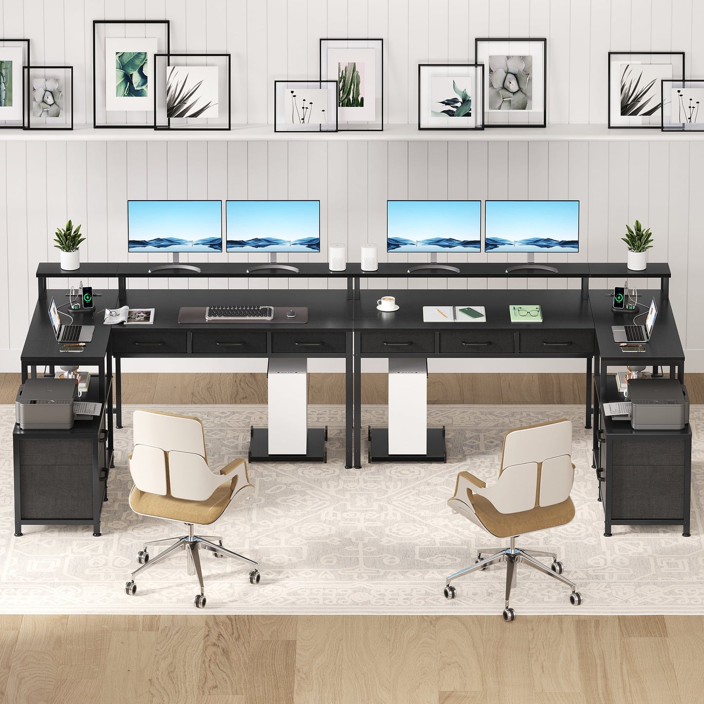 L Shaped Gaming Desk with File Drawer & Power Outlet, 53" Reversible Home Office Desk with Monitor Stand & Storage Drawers, Modern Corner Computer Desk with CPU Stand & Printer Storage Shelves, Black