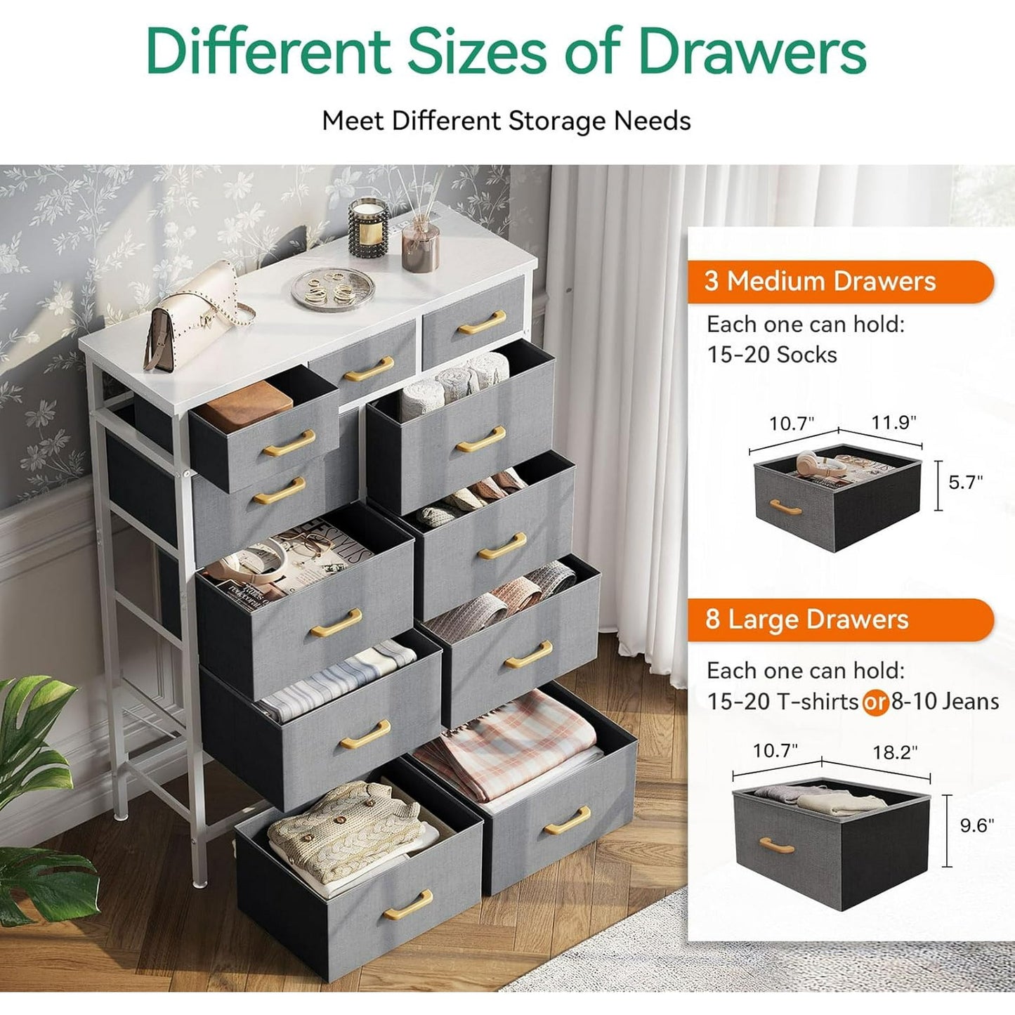 52 inch Tall Dresser with Charging Station for Bedroom with 11 Storage Drawers, Large Fabric Dressers for Hallway, Light Grey