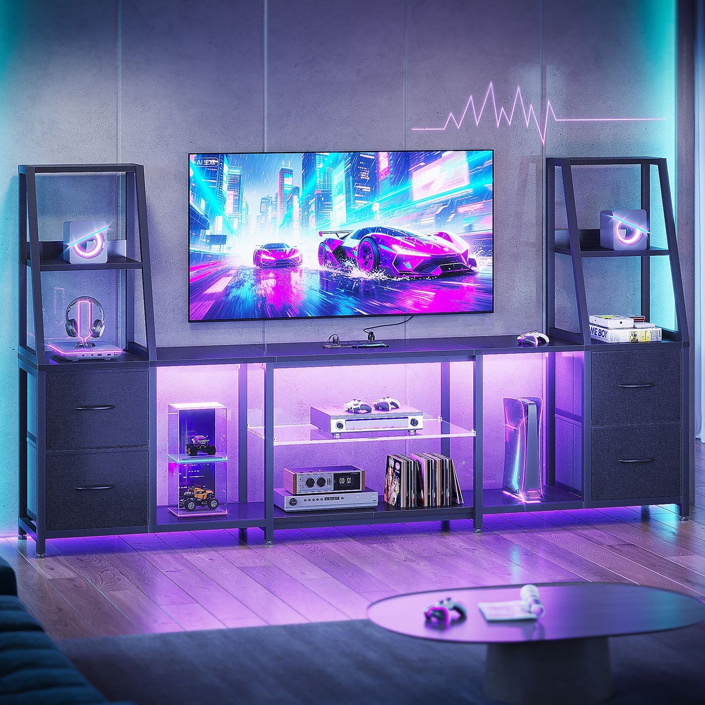 Sofanext TV Stand for up to 65 Inch TV, 87" Entertainment Center with Power Outlets & LED Lights, Modern Media Console with Glass Shelf & 4 Fabric Drawers for Living Room Bedroom, Black