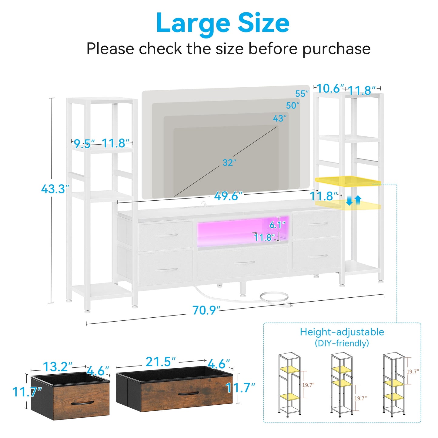 Sofanext 71" LED TV Stand with Power Outlets for 40/43/50 inch TV, Entertainment Center with 5 Fabric Drawers & Open Shelf Storage for Living Room/Bedroom, , White