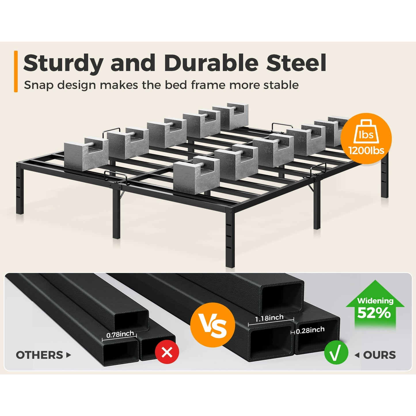 Sofanext 18 inch Metal Bed Frame Queen Size, Heavy Duty Steel Platform Bed Frame with Storage Space, No Box Spring Needed, Noise Free, Black