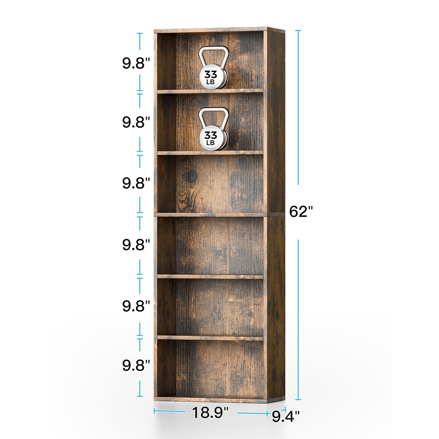 Sofanext Industrial Bookshelves and Bookcases Floor Standing 6 Shelf Display Storage Shelves 62 in Tall Bookcase Home Decor Furniture for Home Office, Living Room, Bed Room, Vintage Brown