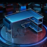 40 inch Small Office Desk with Storage Shelve, Gaming Table with Power Outlets for Small Spaces, Black Carbon
