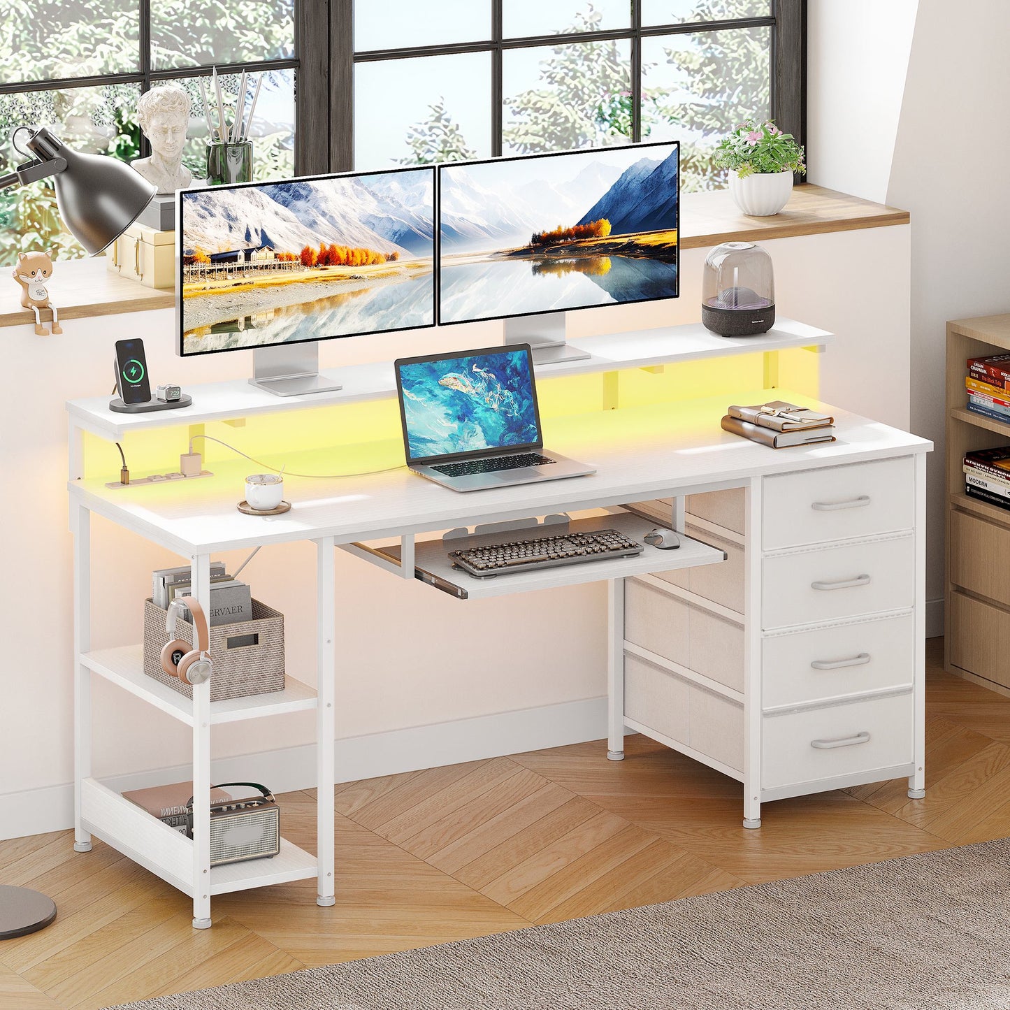 55 Inch Office Desk with Power Outlet and Adjustable Monitor Stand, Computer Desk with Fabric Drawer and Keyboard Tray, Gaming Desk with LED Light & PC Stand, Table for Bedroom with USB Ports, White
