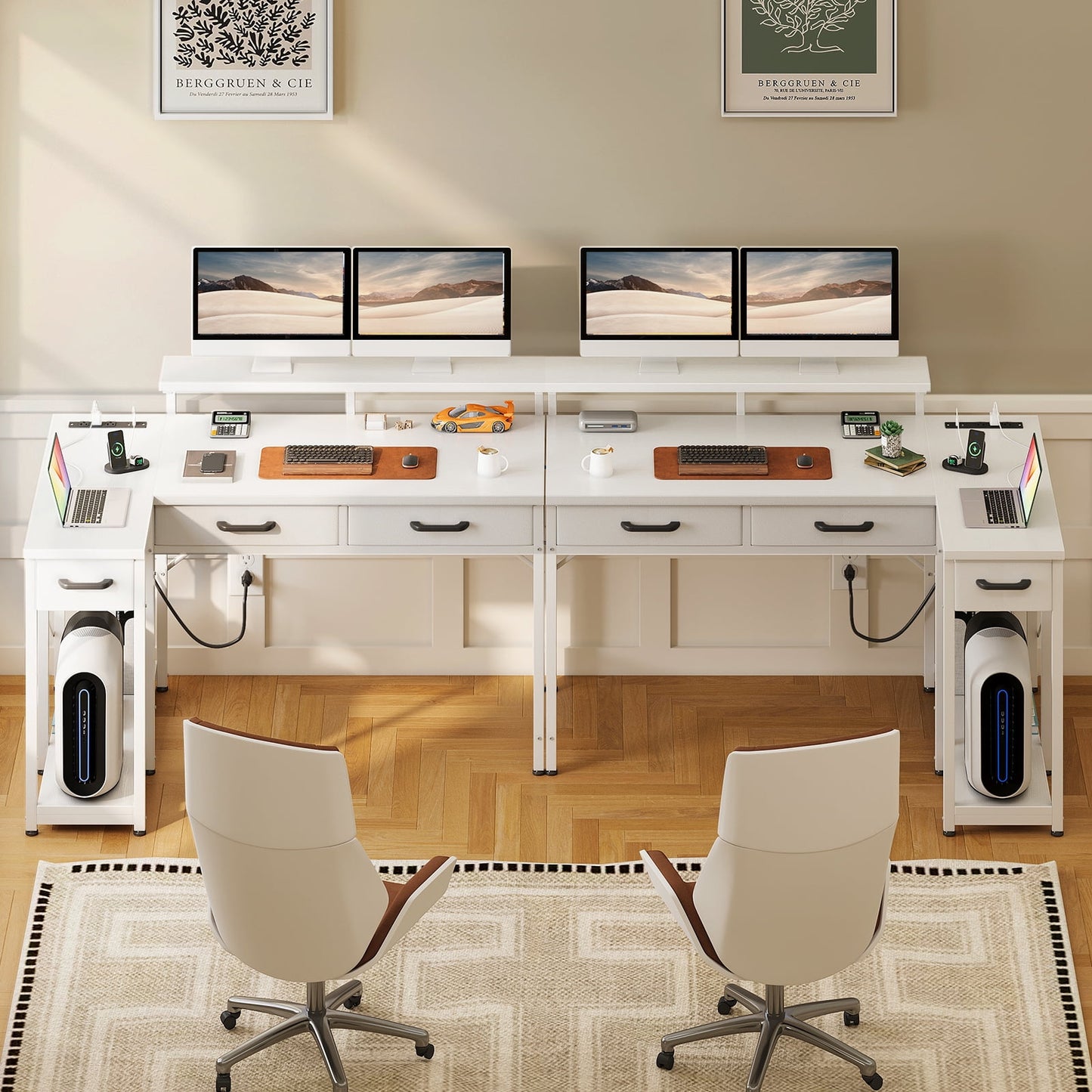 Sofanext 50" Reversible L Shaped Computer Desk with Drawers, Corner Desk with Power Outlets & LED Lights for Home Office Gaming, White