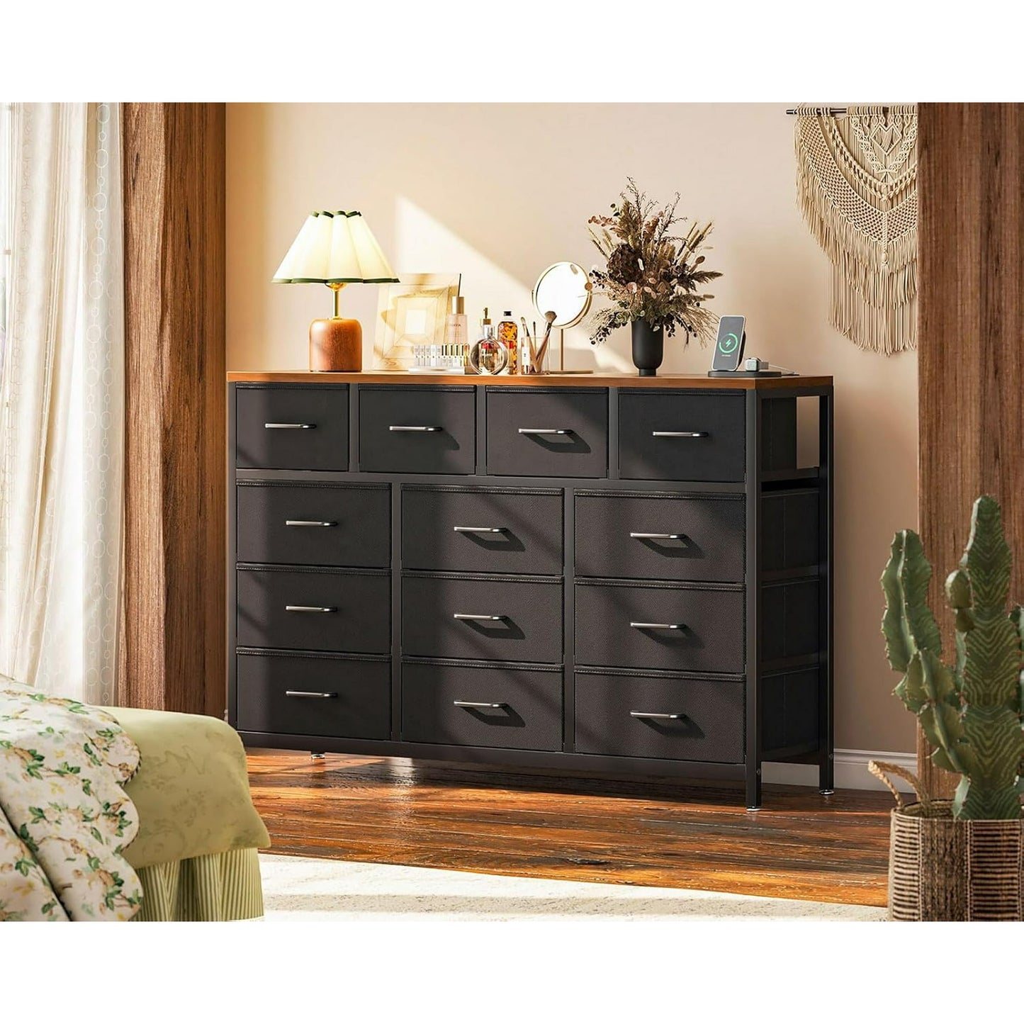 Sofanext 57 inch Large Dresser for Bedroom with Charging Station & 13 Fabric Storage Drawers, Black and Vintage