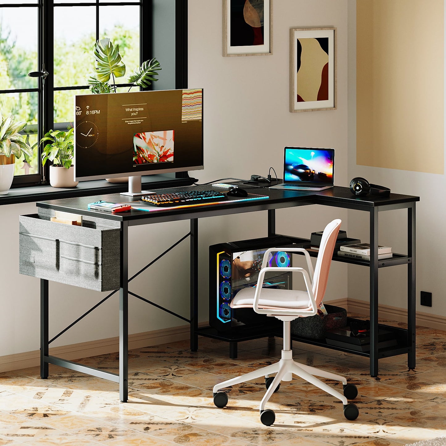 48 inch Reversible L Shaped Gaming Desk with USB Charging Port & Power Outlet, Corner Computer Desk with Storage Shelves/Bag, Home Office Desk with Monitor Shelf, Modern Writing Table, Black