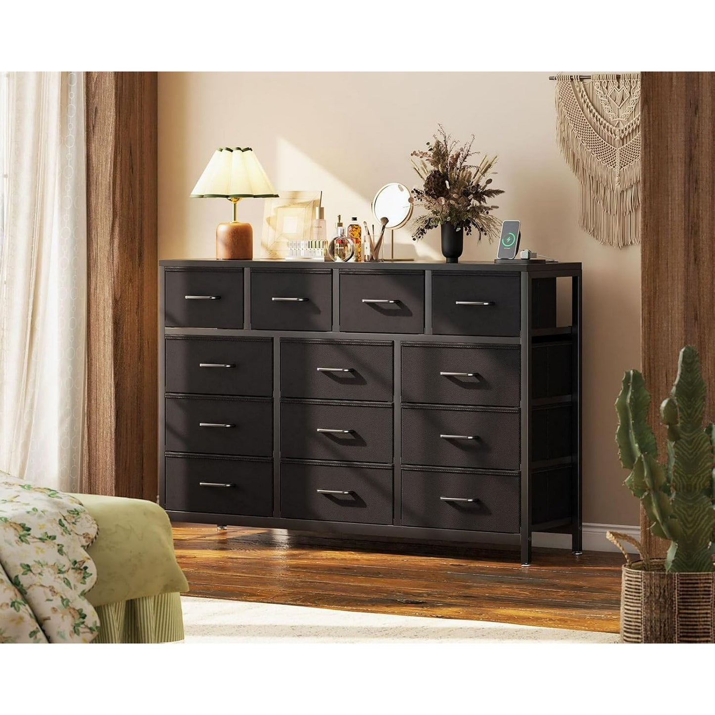 Sofanext 57 inch Large Dresser for Bedroom with Charging Station & 13 Fabric Storage Drawers, Black