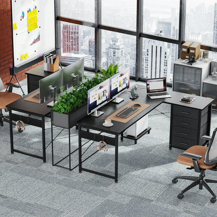 L Shaped Computer Desk with Charging Station , 53 inch PC Table Study Desk 4 Tier Drawers, Modern Simple Style Laptop Desk for Bedroom, Gaming