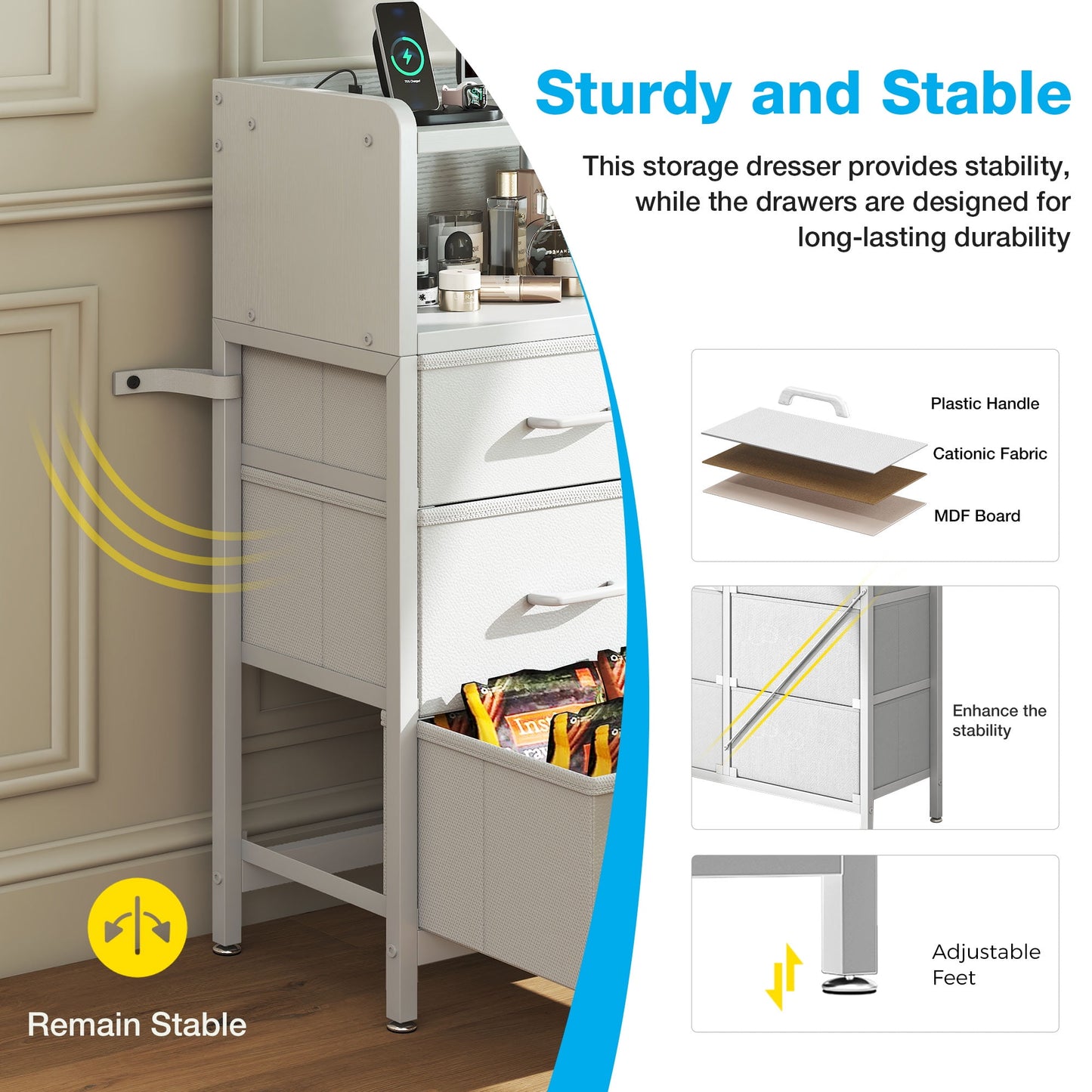 Dresser with LED Lights and Charging Station, 52-Inch Long Dresser for Bedoom with 9 Large Storage Drawers, Fabric Dresser TV Stand with Open Shelves, White