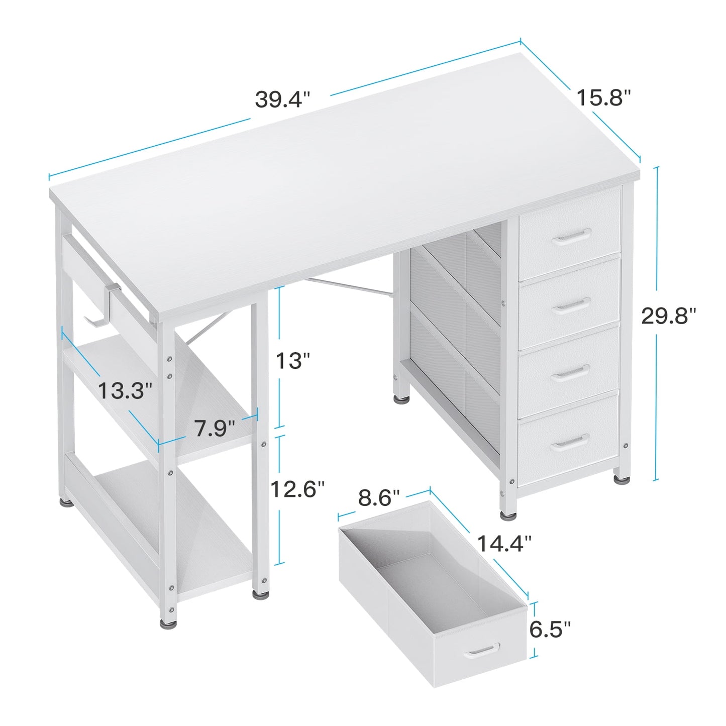 White Computer Desk with Drawers & Storage Shelves, 40 Inch Corner Desk for Home Office Bedroom, Small Teen PC Desks with Fabric Drawer, White