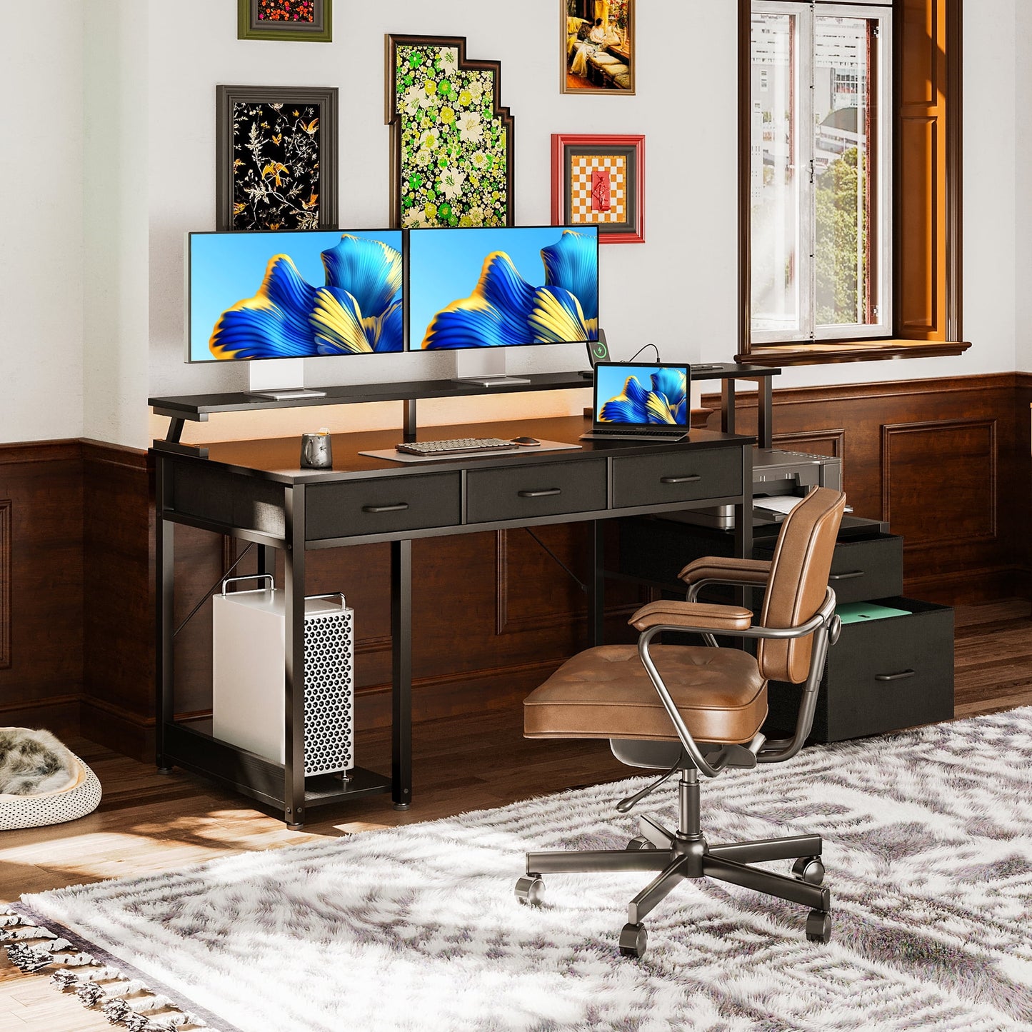 55 inch Computer Gaming Desk with LED Lights & Power Outlets, Home Office Desk with Storage Shelves & 5 Fabric Drawers, File Cabinet Monitor Stand, Black
