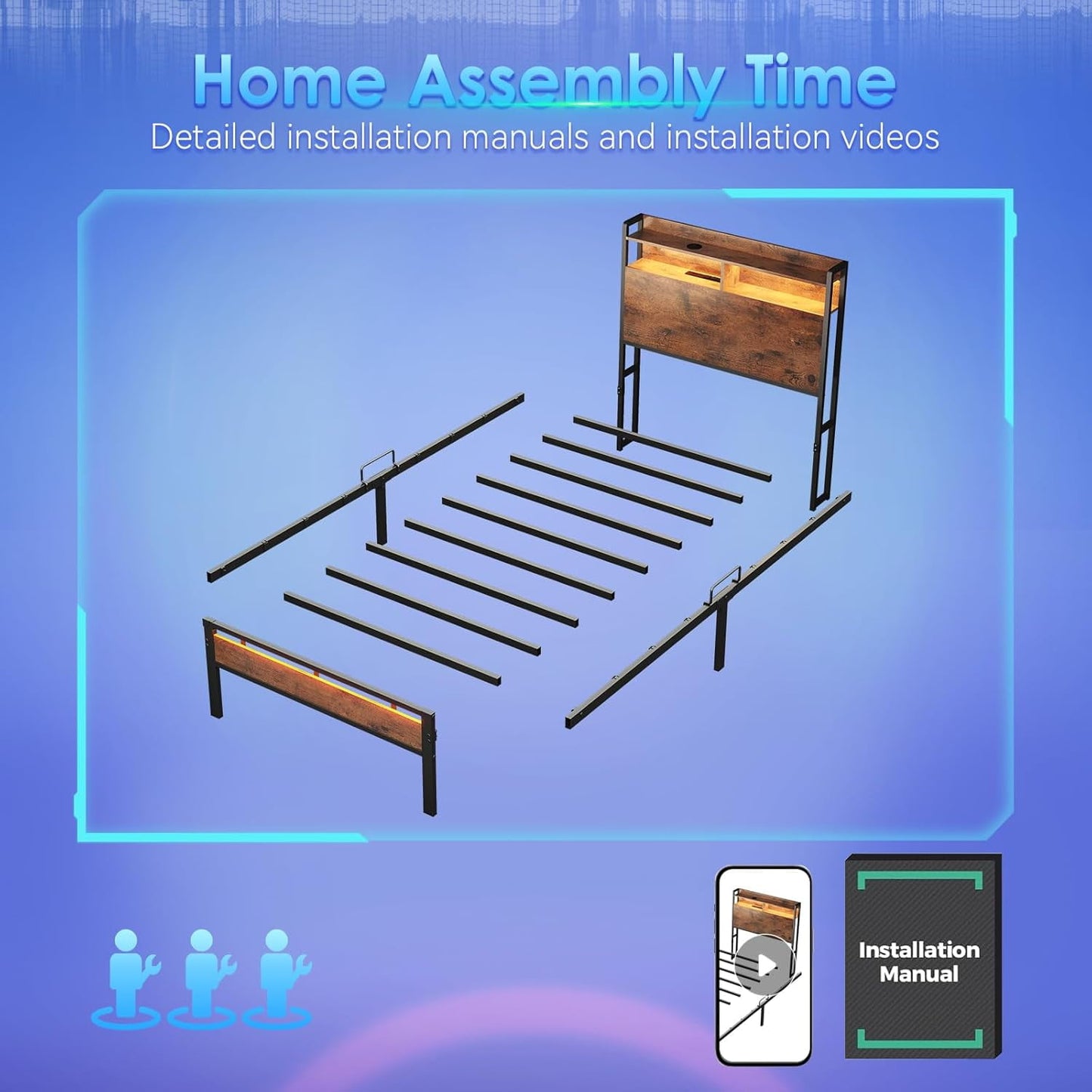 Sofanext Twin Bed Frames, Storage Headboard with Charging Station, RGB Light Strips, Solid and Stable, Noise Free, No Box Spring Needed, Easy Assembly, Rustic Brown
