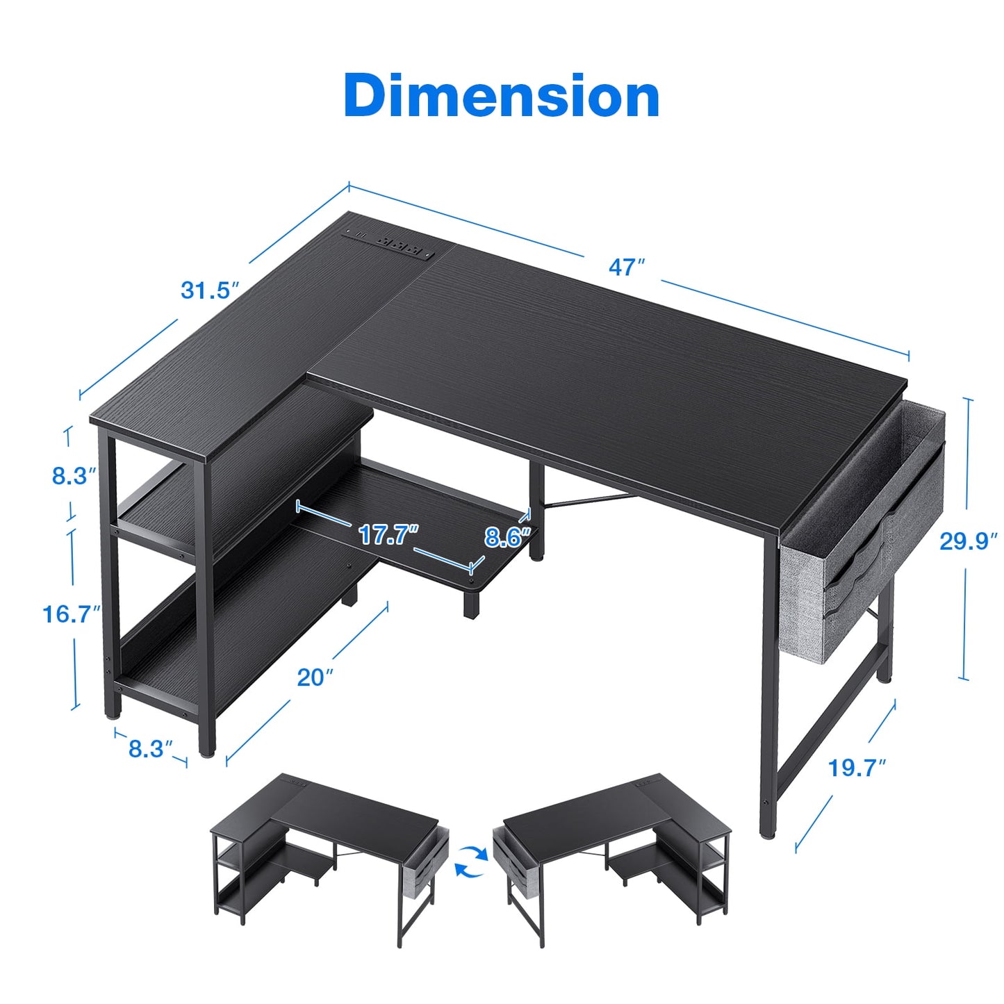 48 inch Reversible L Shaped Gaming Desk with USB Charging Port & Power Outlet, Corner Computer Desk with Storage Shelves/Bag, Home Office Desk with Monitor Shelf, Modern Writing Table, Black
