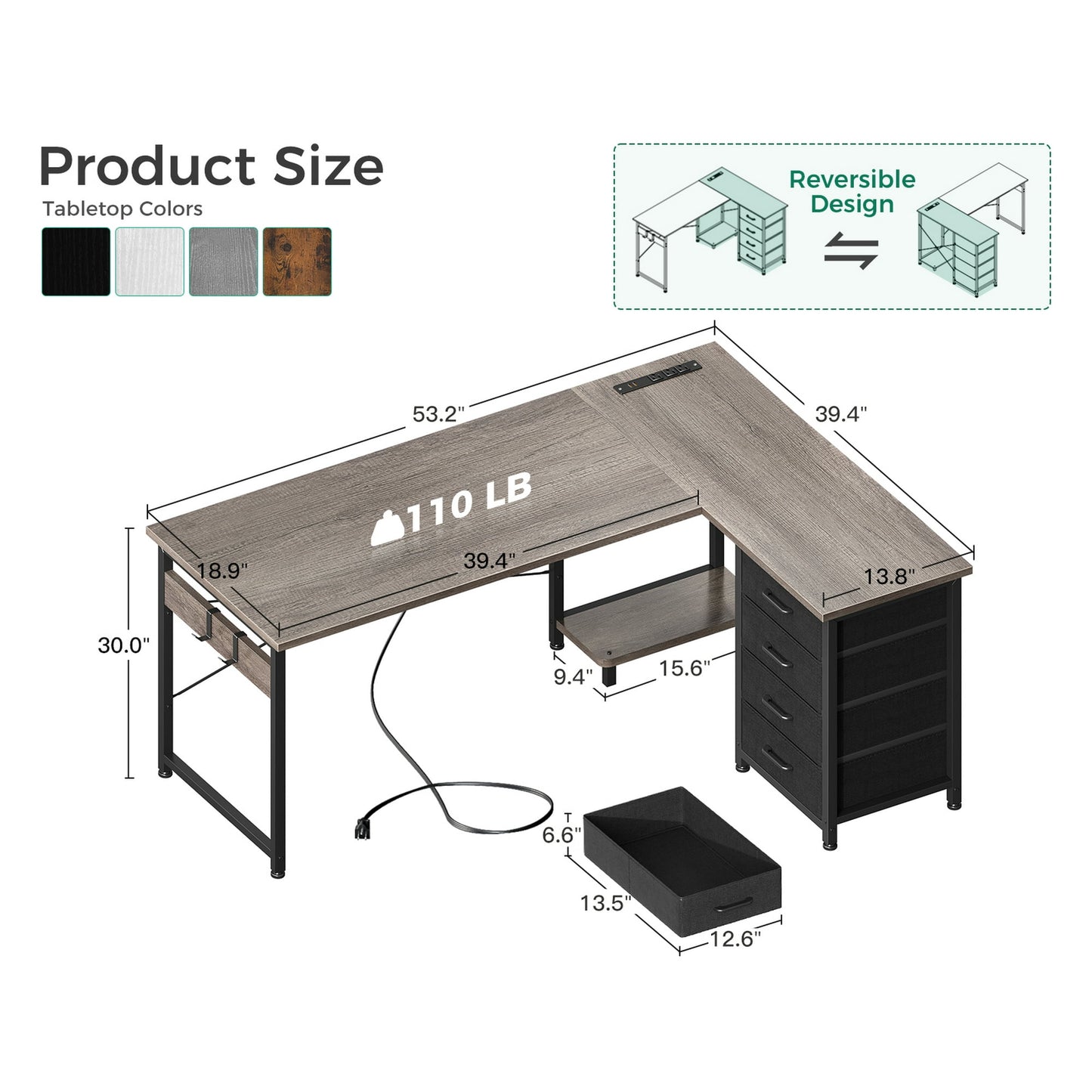 Sofanext Reversible Modern Simple Style L Shaped Desk with Charging Station and Drawers, Gray Oak