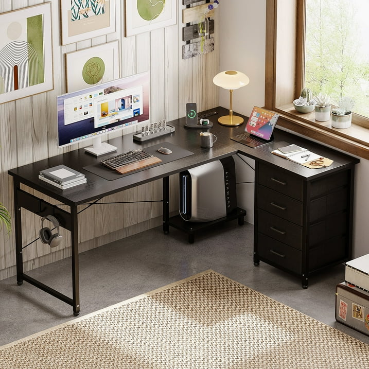 L Shaped Computer Desk with Charging Station , 53 inch PC Table Study Desk 4 Tier Drawers, Modern Simple Style Laptop Desk for Bedroom, Gaming