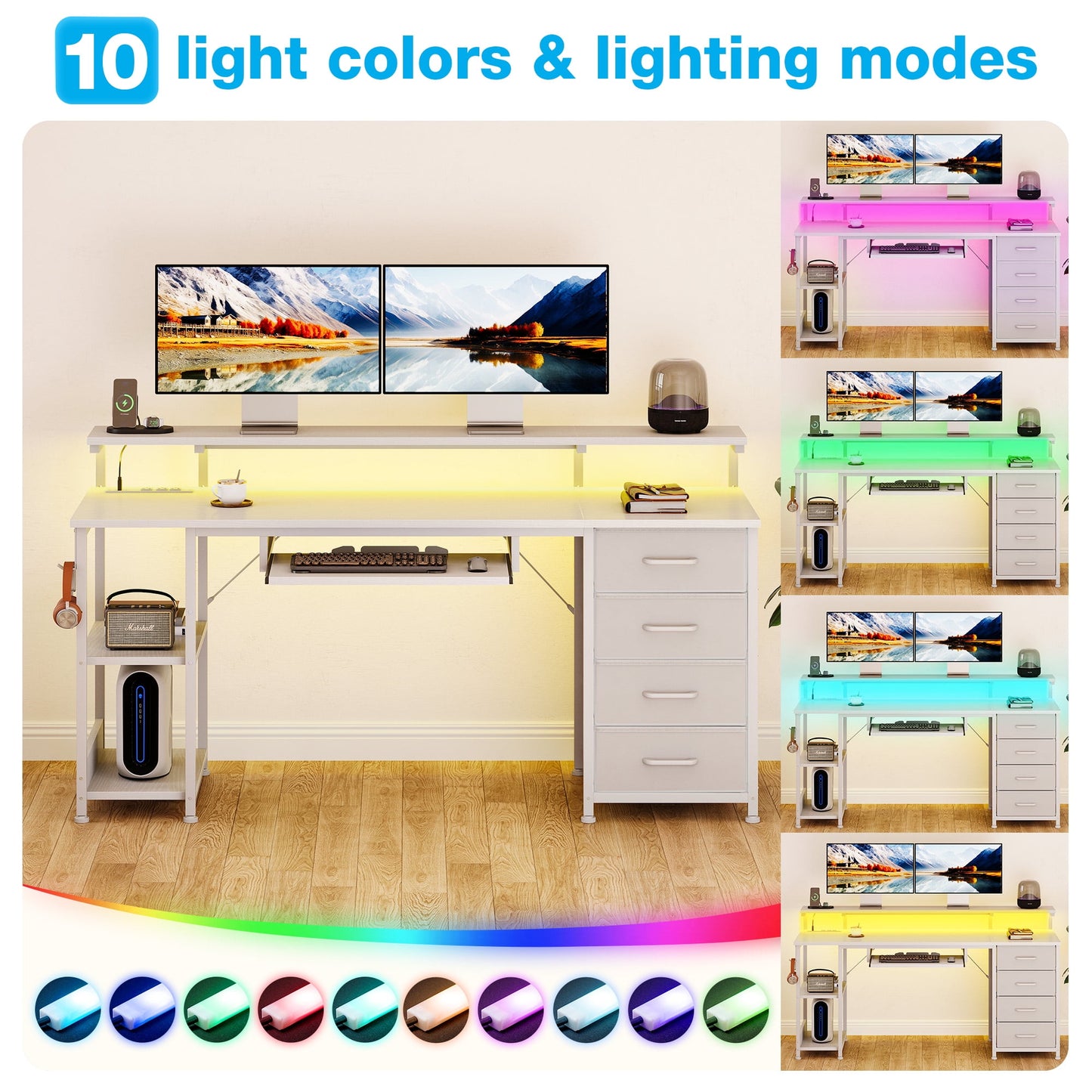 55 Inch Office Desk with Power Outlet and Adjustable Monitor Stand, Computer Desk with Fabric Drawer and Keyboard Tray, Gaming Desk with LED Light & PC Stand, Table for Bedroom with USB Ports, White