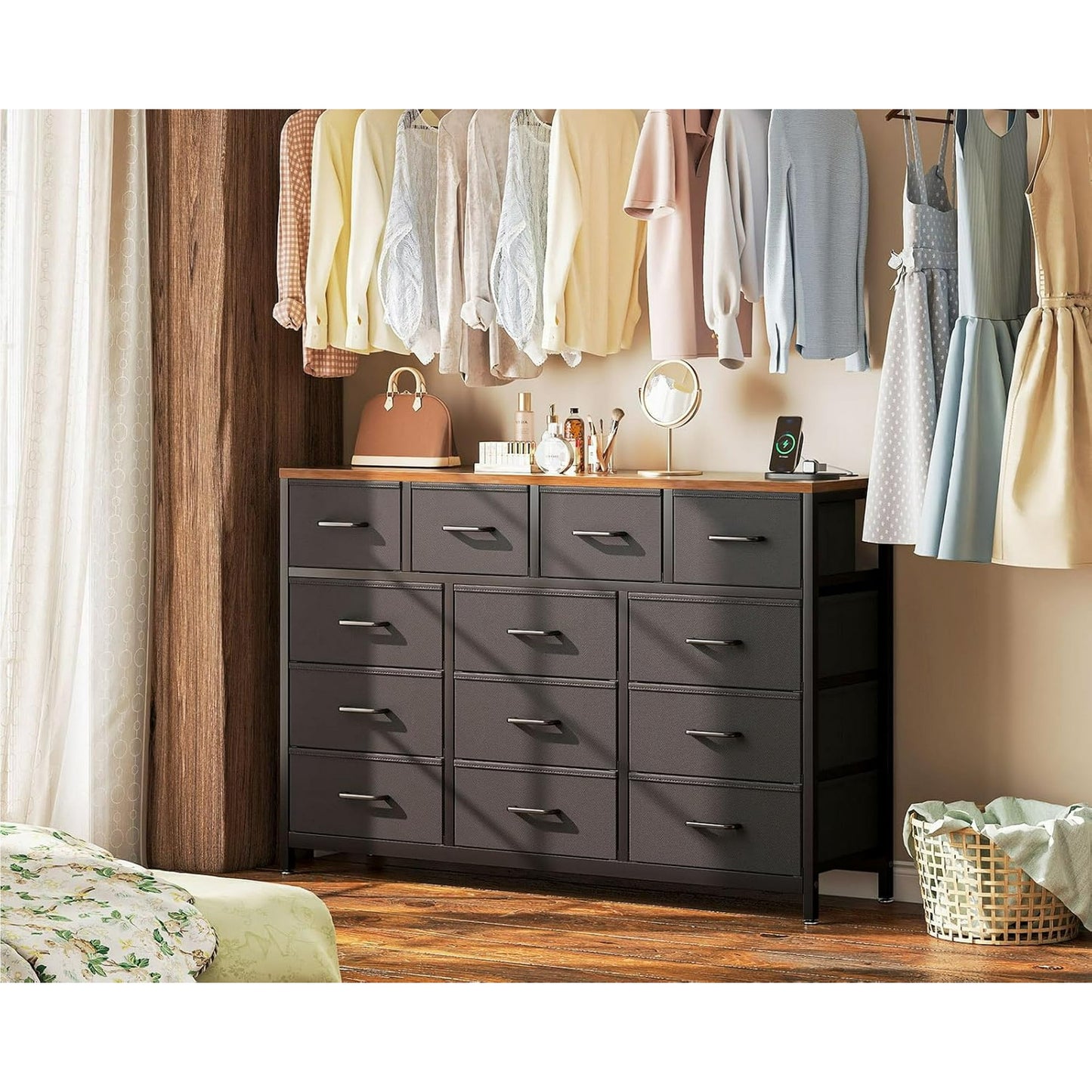 Sofanext 57 inch Large Dresser for Bedroom with Charging Station & 13 Fabric Storage Drawers, Black and Vintage