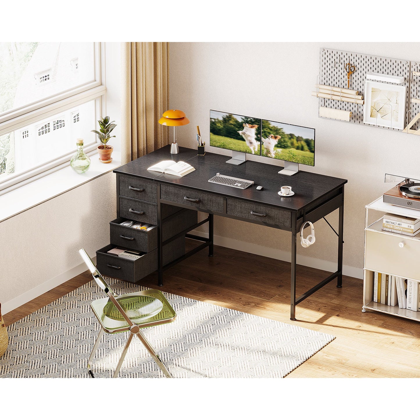 48" Home Office Desk with 6 Drawers, Modern Computer Desk with Small Space, Corner Computer Desk, Black