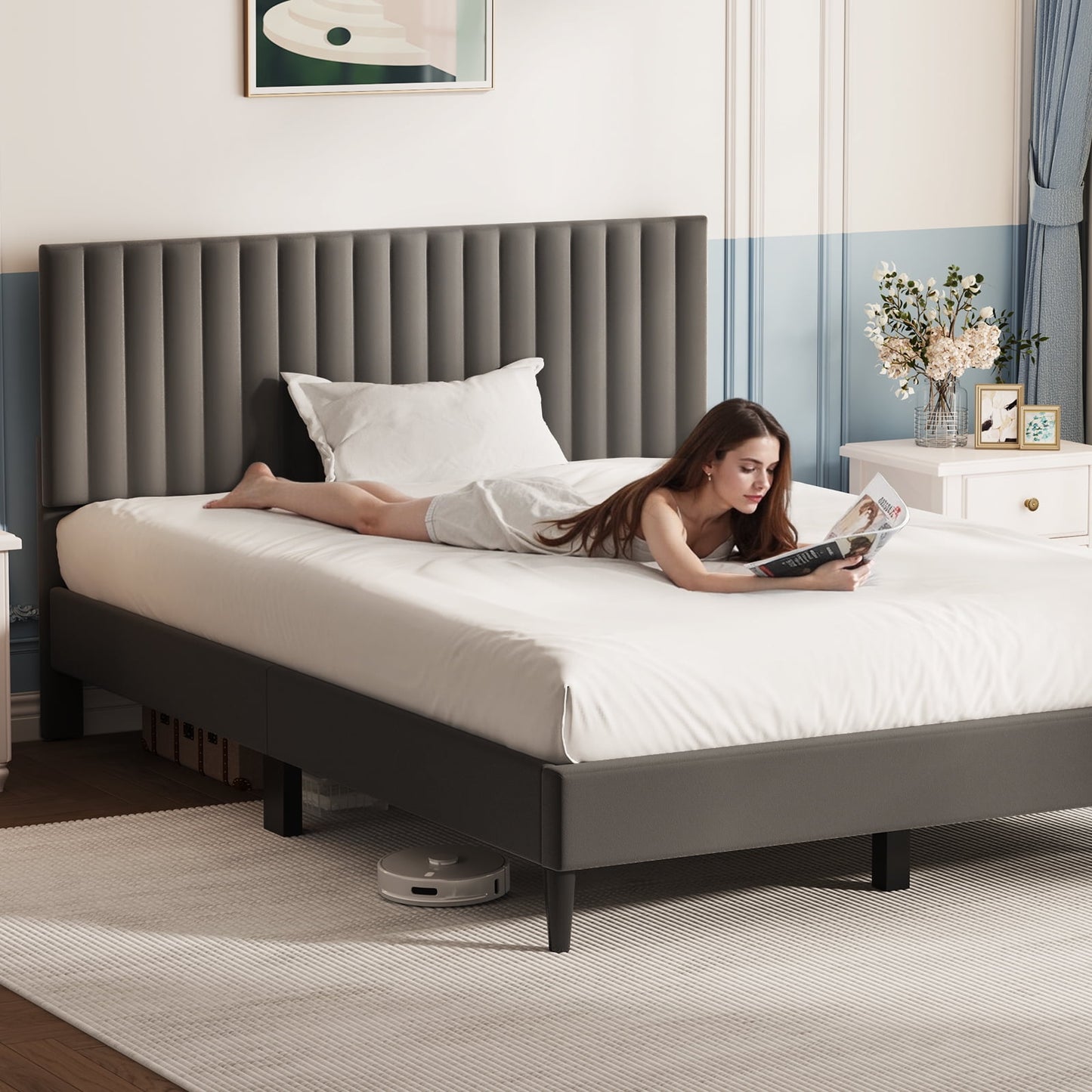 Sofanext Queen Platform Bed Frame with Velvet Upholstered Headboard, Wood Slat Support, No Box Spring, Noise-Free, Smoky Grey