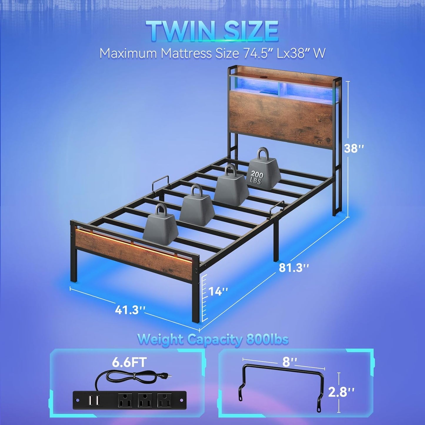 Sofanext Twin Bed Frames, Storage Headboard with Charging Station, RGB Light Strips, Solid and Stable, Noise Free, No Box Spring Needed, Easy Assembly, Rustic Brown