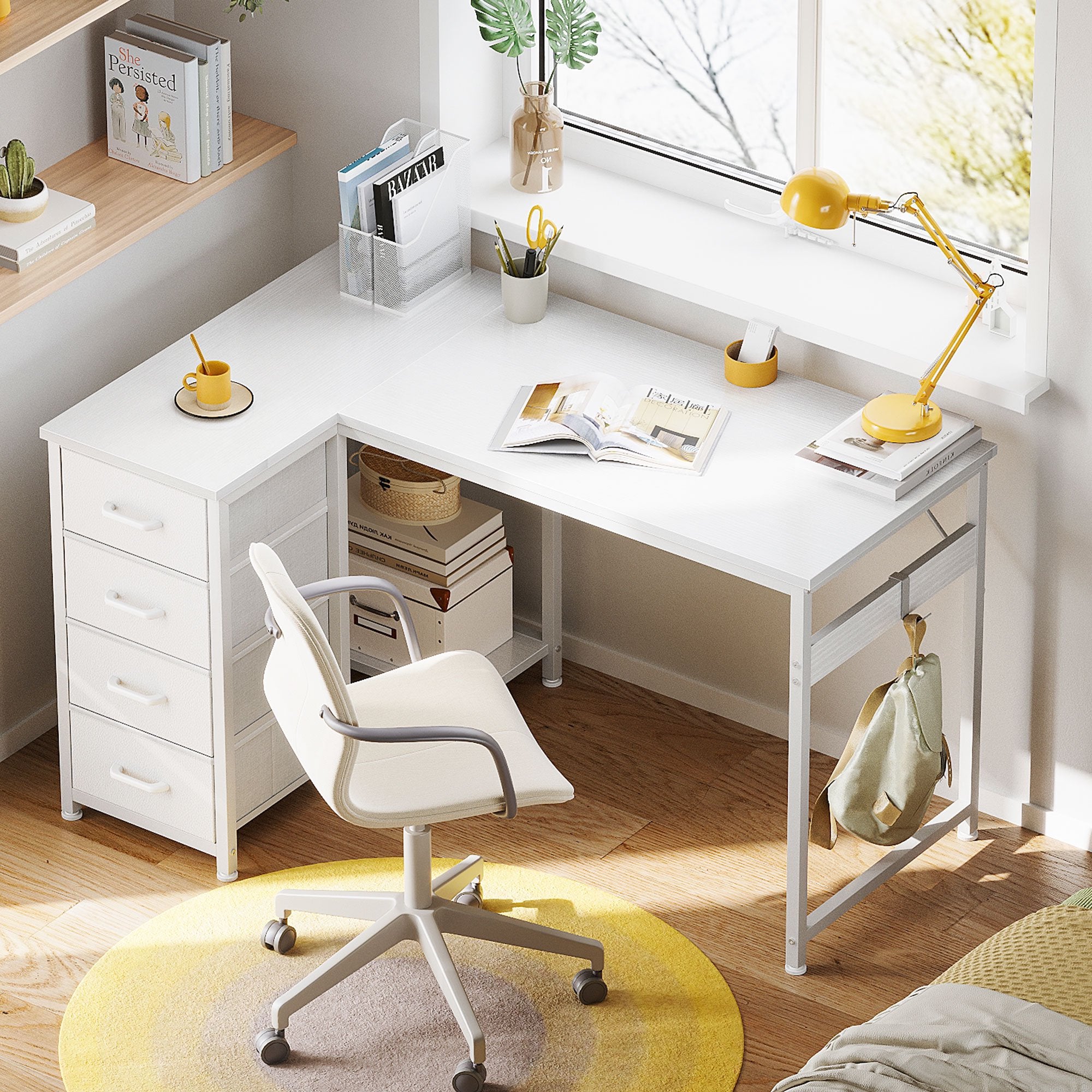 48 inch Computer Desk with 4 Fabric Drawers — Home Office Desks with Storage, Writing Desk with Side Hook, Kids Desk Study/Work Table for Bedroom and Small Space, White