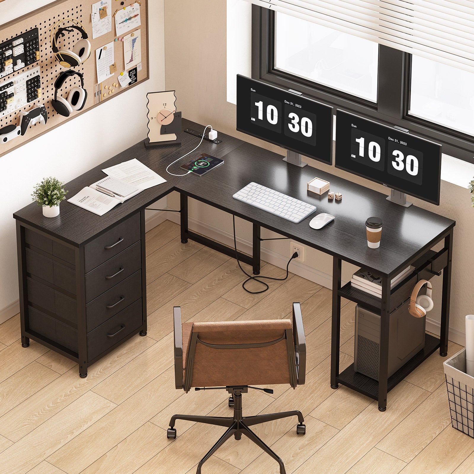 Sofanext Reversible Modern Simple Style L Shaped Desk with Charging Station and Drawers, Pure Black