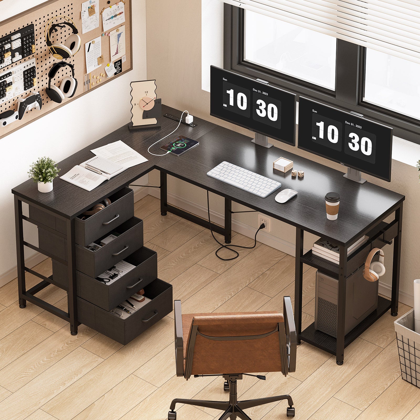 Sofanext Reversible Modern Simple Style L Shaped Desk with Charging Station and Drawers, Pure Black