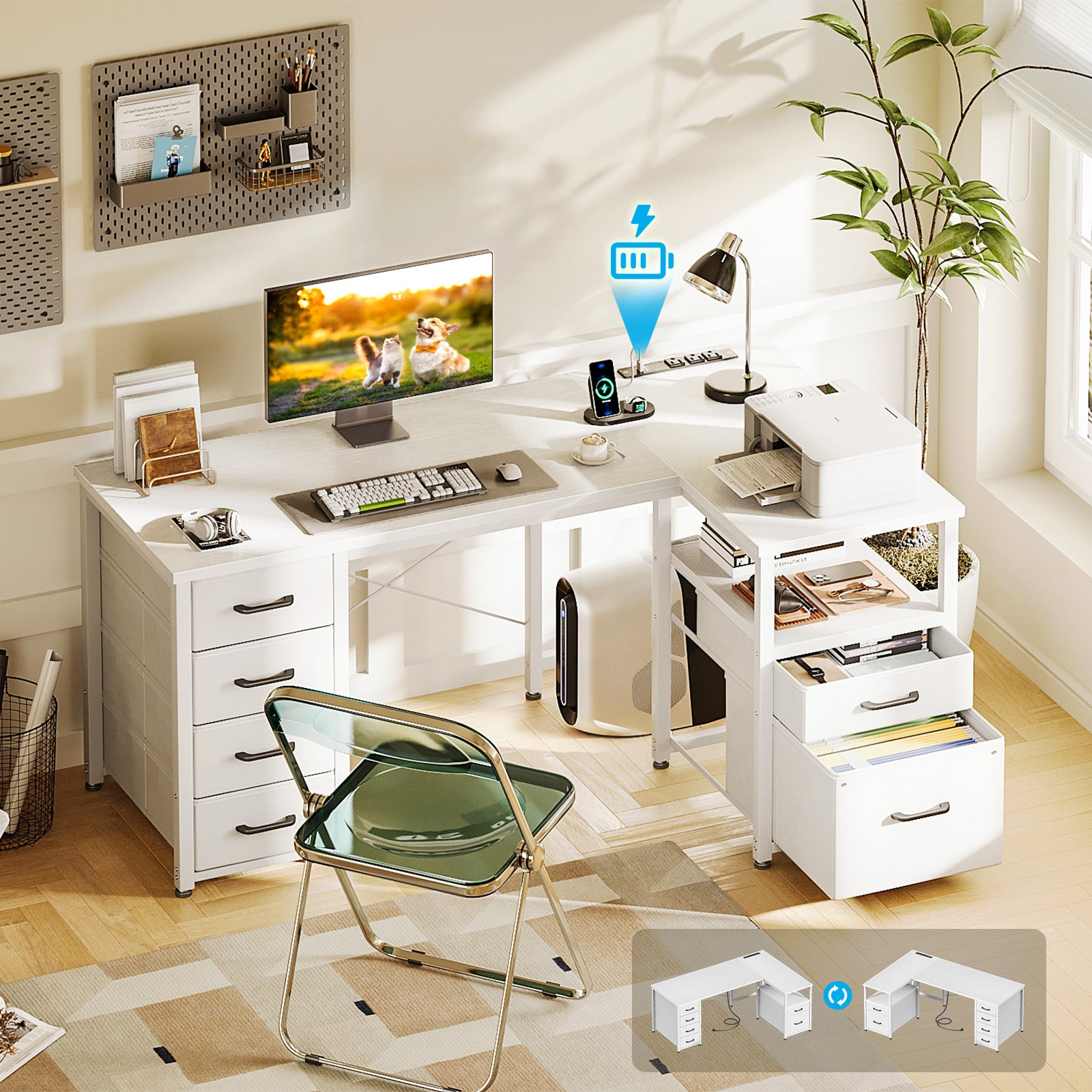 Sofanext 55 inch Computer Desk with 5 Drawers and File Cabinet for Storage, Office Desk with Storage Shelf & Power Outlets, Home Office Desks, White