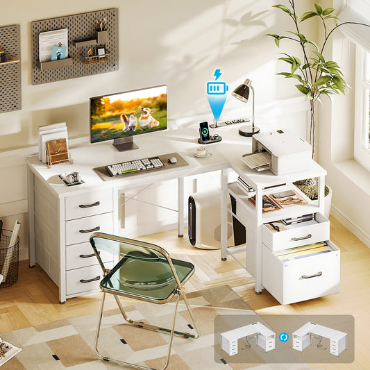 Sofanext 55 inch Computer Desk with 5 Drawers and File Cabinet for Storage, Office Desk with Storage Shelf & Power Outlets, Home Office Desks, White