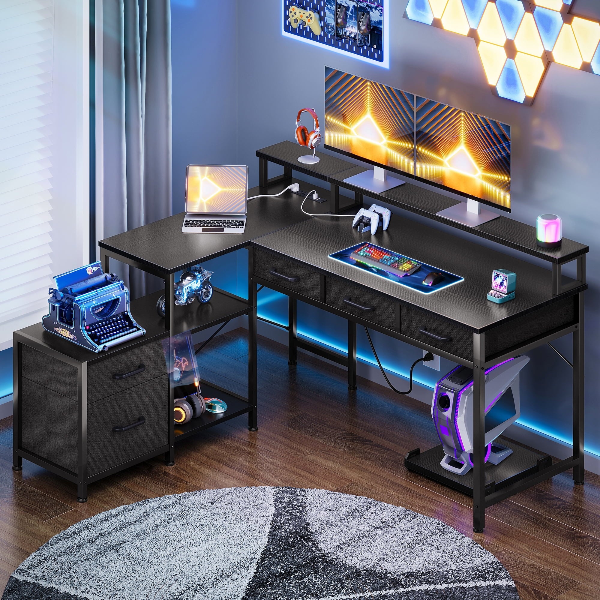 L Shaped Gaming Desk with File Drawer & Power Outlet, 53