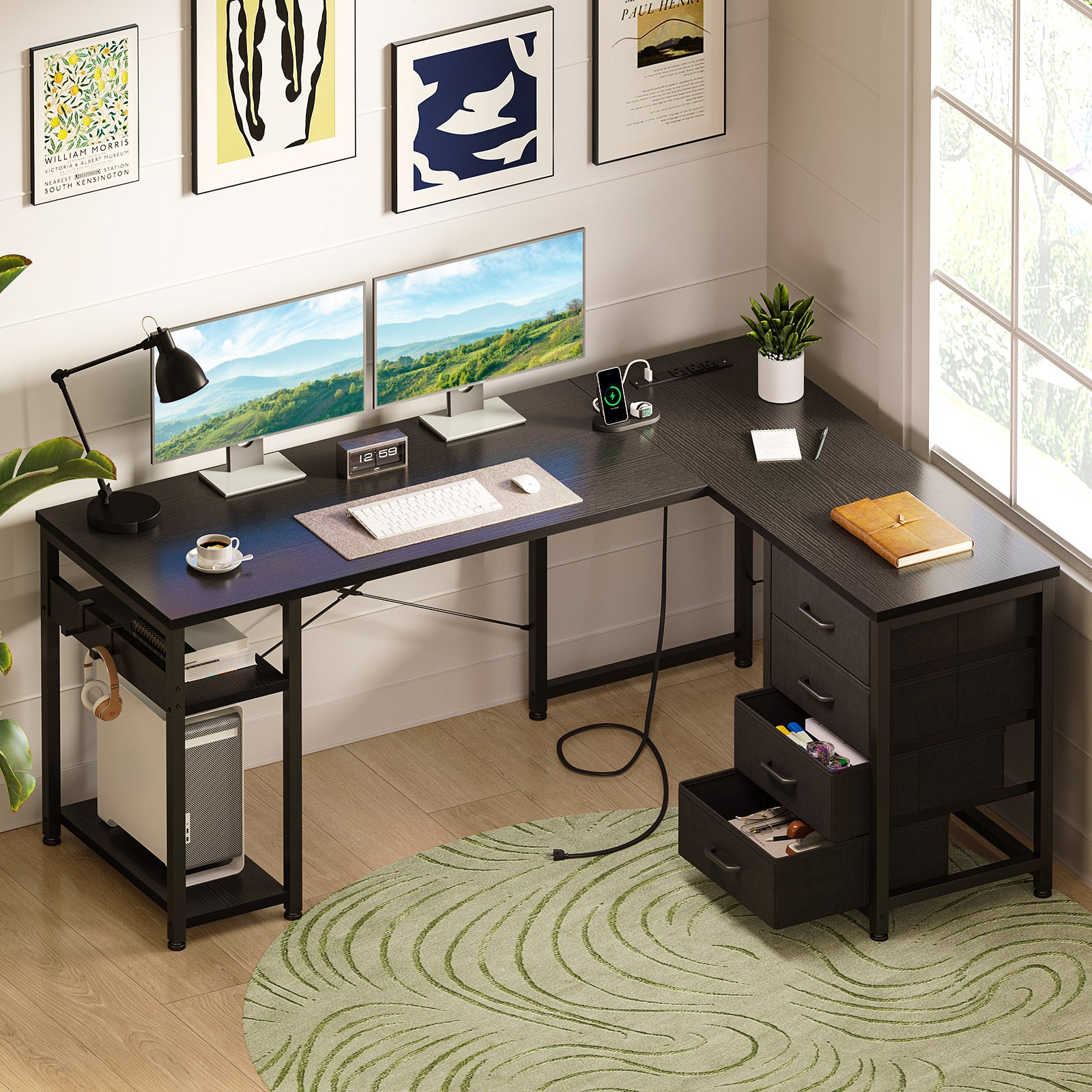 Sofanext Reversible Modern Simple Style L Shaped Desk with Charging Station and Drawers, Pure Black