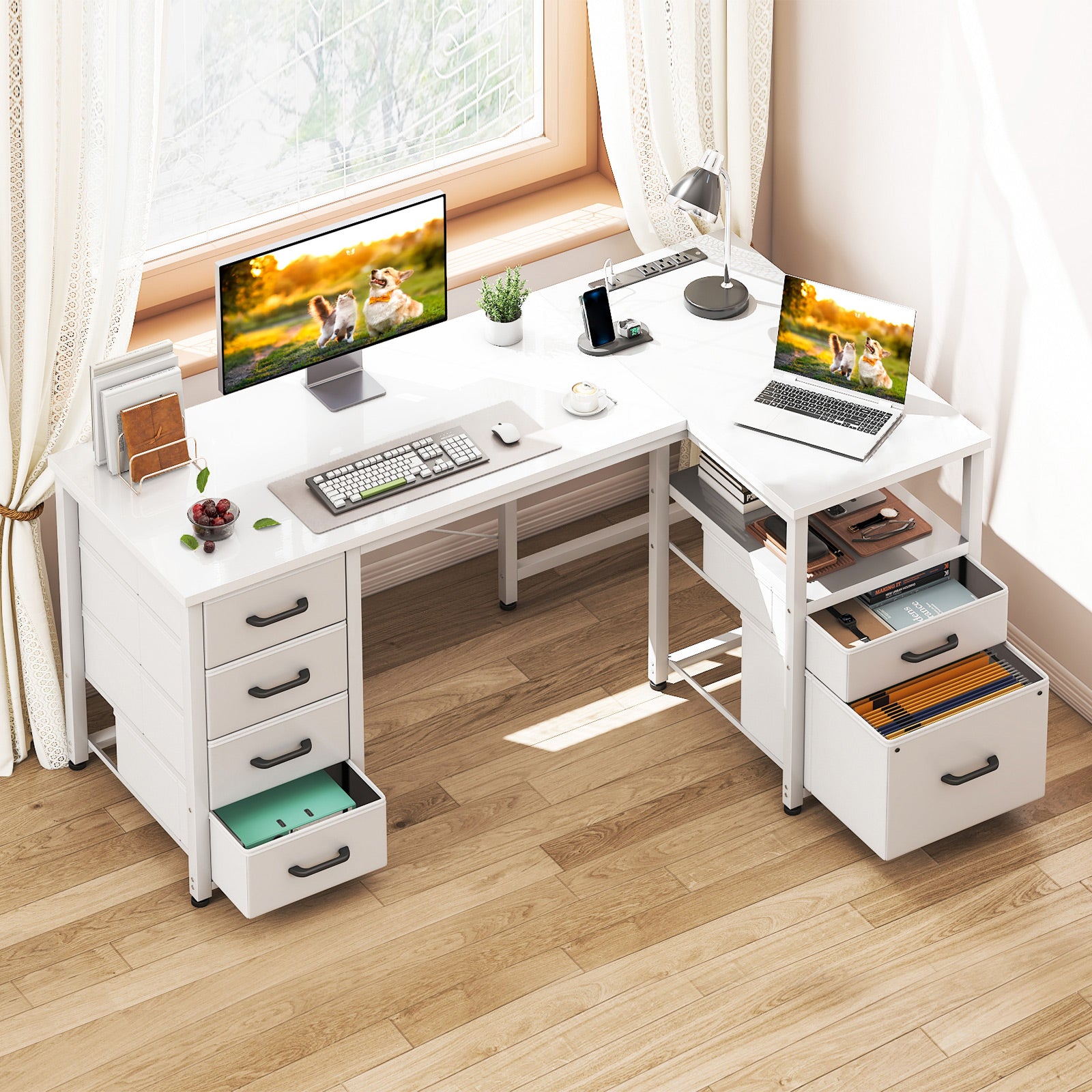 Sofanext 55 inch Computer Desk with 5 Drawers and File Cabinet for Storage, Office Desk with Storage Shelf & Power Outlets, Home Office Desks, White