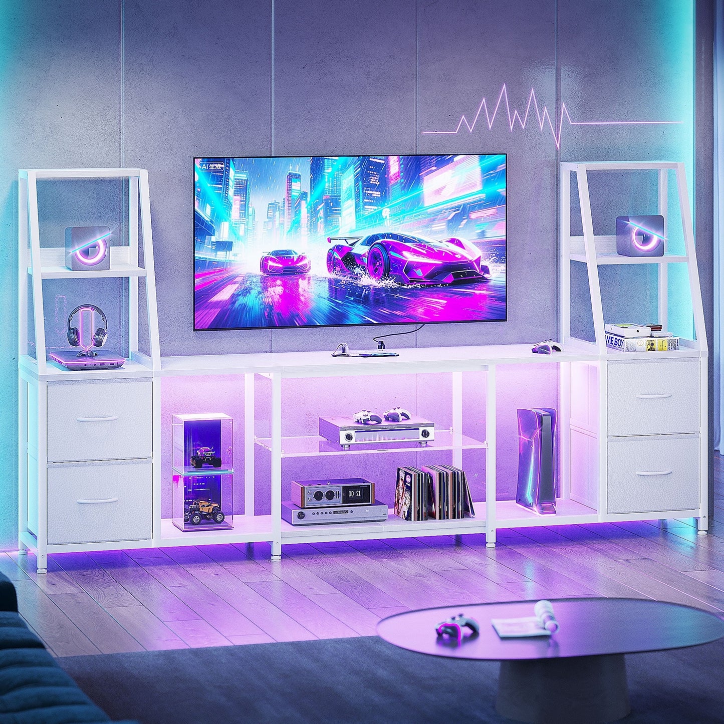 Sofanext TV Stand for up to 65 Inch TV, 87" Entertainment Center with Power Outlets & LED Lights, Modern Media Console with Glass Shelf & 4 Fabric Drawers for Living Room Bedroom, White