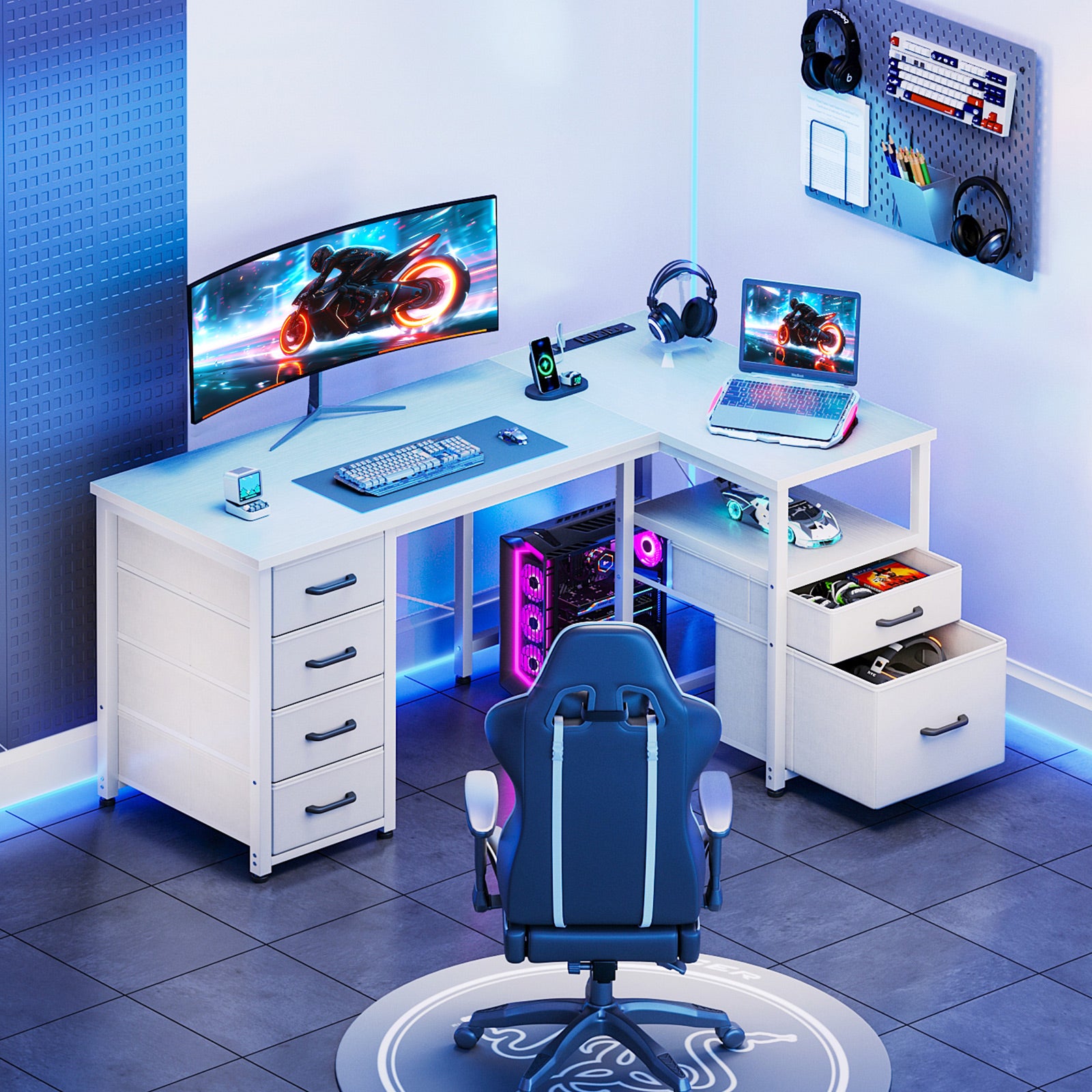 Sofanext 55 inch Computer Desk with 5 Drawers and File Cabinet for Storage, Office Desk with Storage Shelf & Power Outlets, Home Office Desks, White