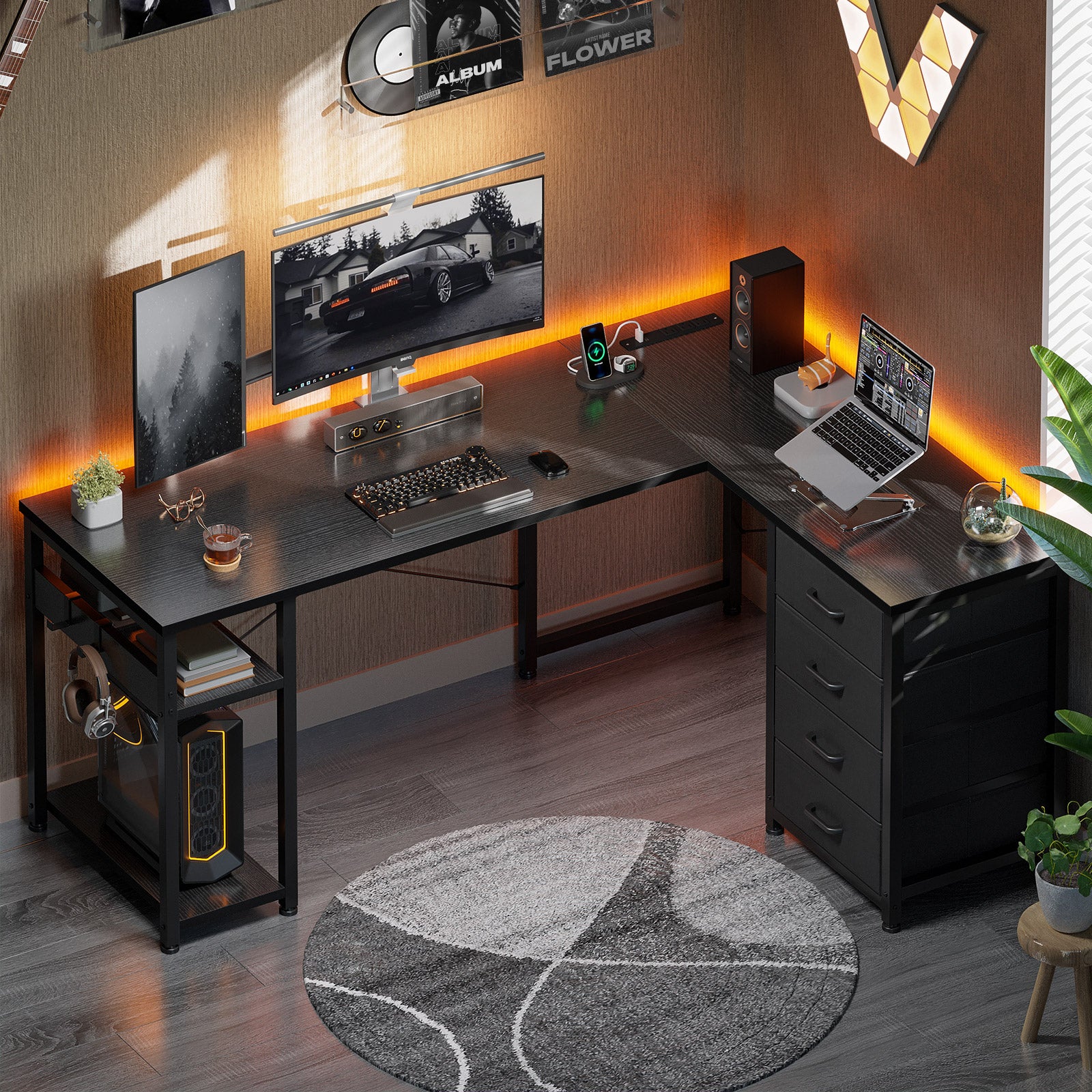 Sofanext Reversible Modern Simple Style L Shaped Desk with Charging Station and Drawers, Pure Black