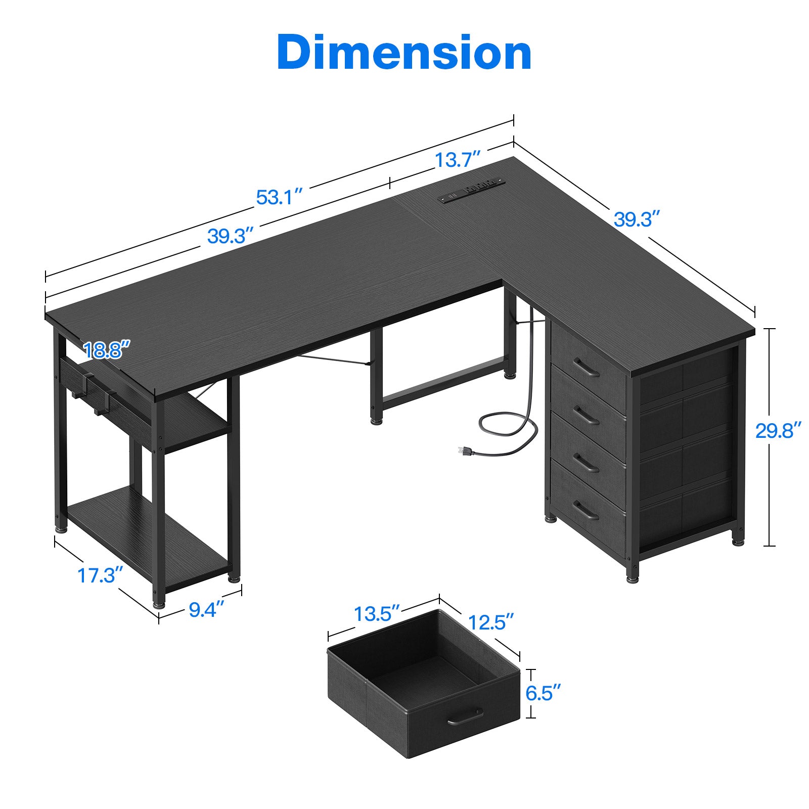 Sofanext Reversible Modern Simple Style L Shaped Desk with Charging Station and Drawers, Pure Black